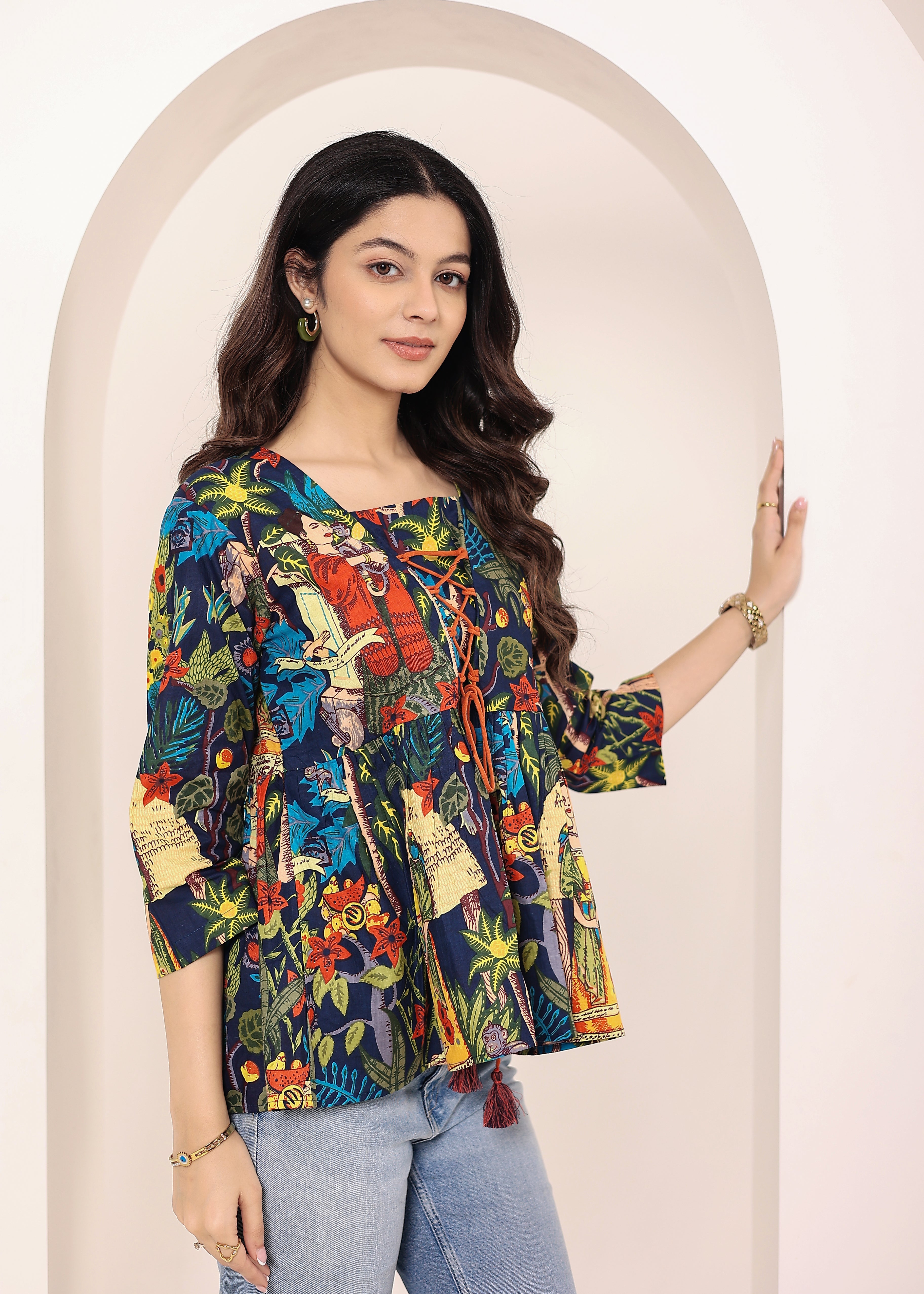 Navy Blue Tropical Print Criss-Cross Tie-Up Cotton Kurta Top - Kaoribyshreya