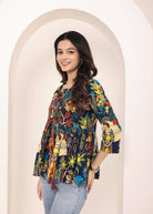 Navy Blue Tropical Print Criss-Cross Tie-Up Cotton Kurta Top - Kaoribyshreya
