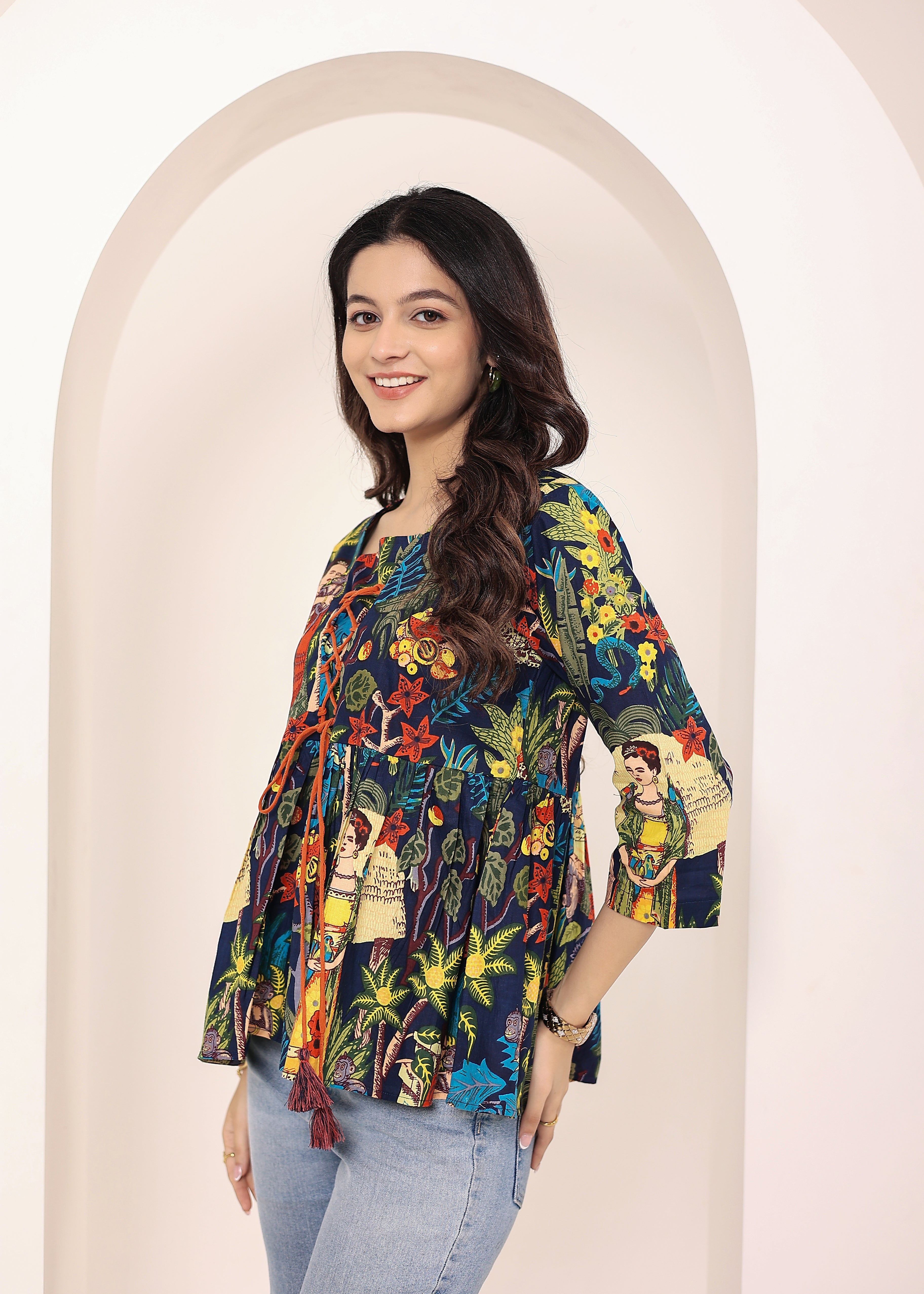 Navy Blue Tropical Print Criss-Cross Tie-Up Cotton Kurta Top - Kaoribyshreya