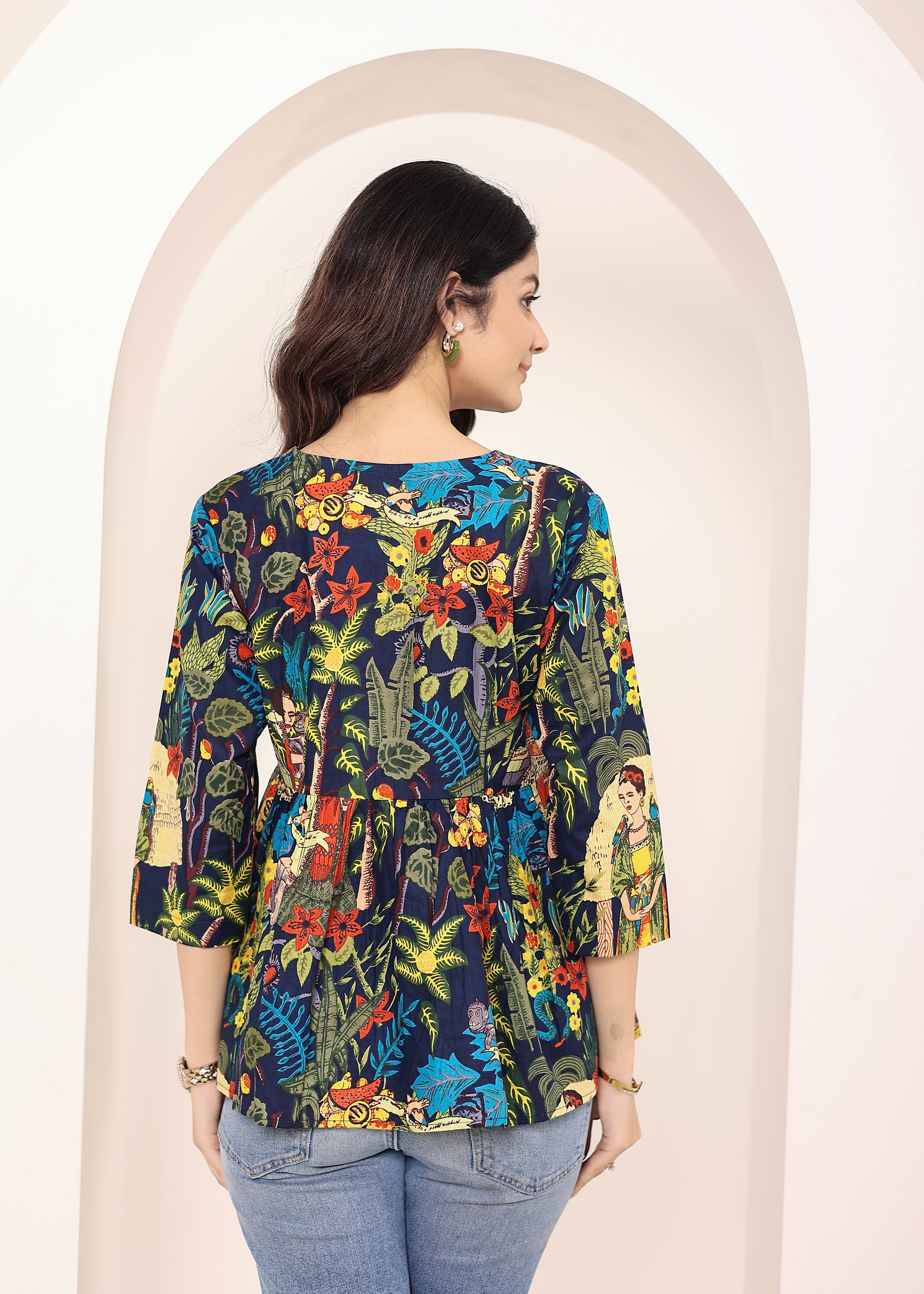Navy Blue Tropical Print Criss-Cross Tie-Up Cotton Kurta Top - Kaoribyshreya