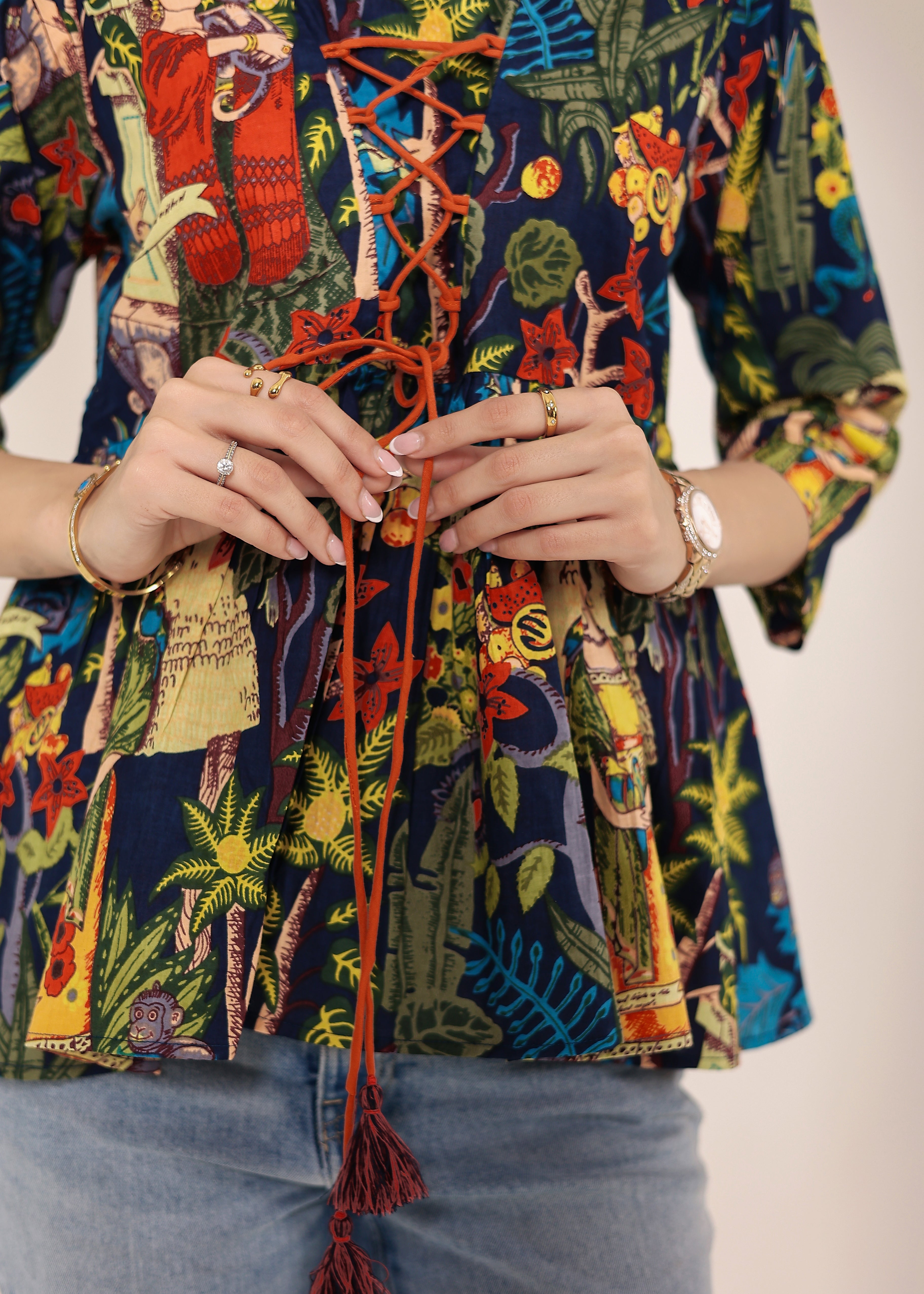 Navy Blue Tropical Print Criss-Cross Tie-Up Cotton Kurta Top - Kaoribyshreya