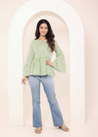 Green & Off-White Striped Bell Sleeve Peplum Cotton Top - Kaoribyshreya