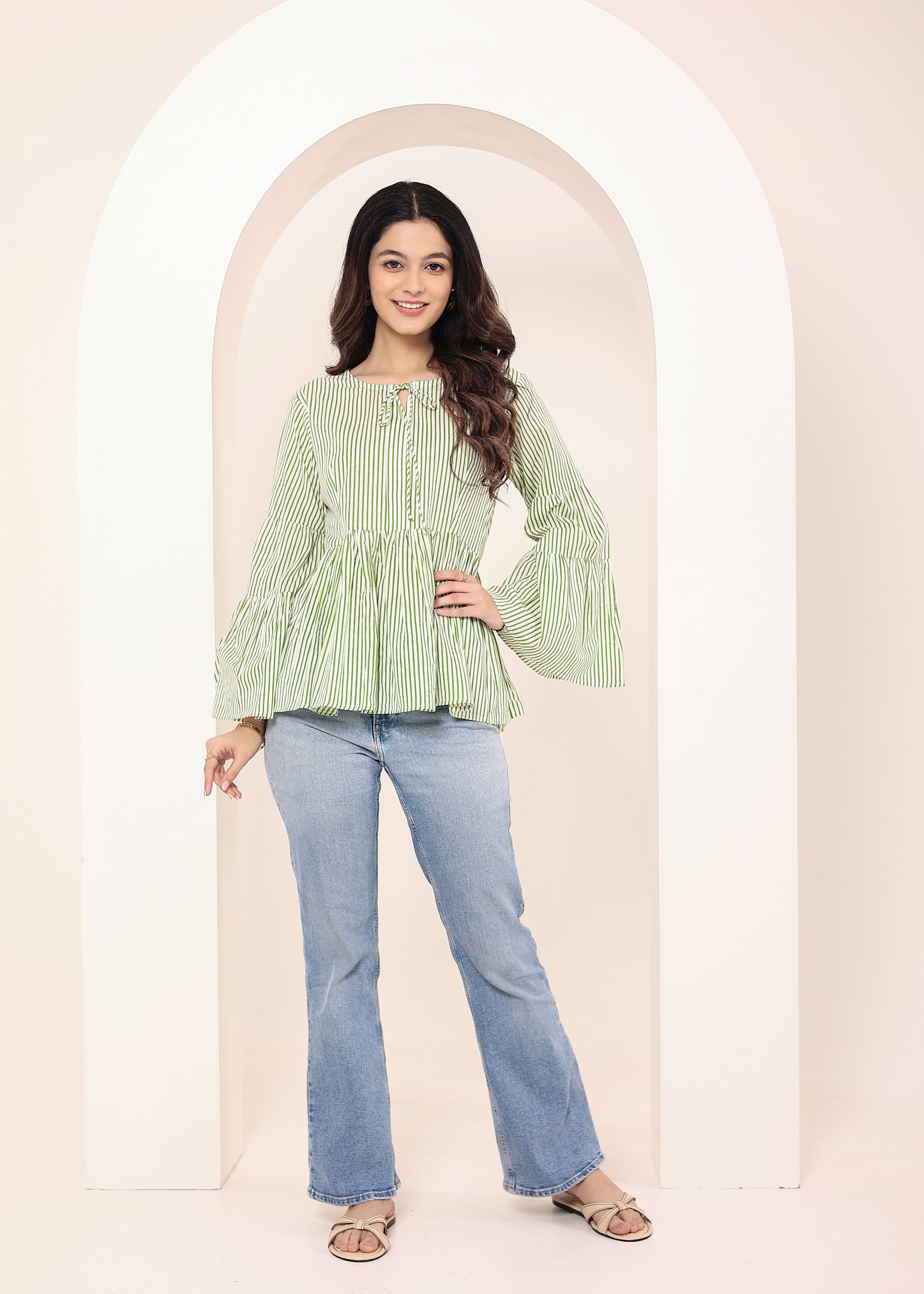 Green & Off-White Striped Bell Sleeve Peplum Cotton Top - Kaoribyshreya