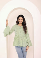 Green & Off-White Striped Bell Sleeve Peplum Cotton Top - Kaoribyshreya