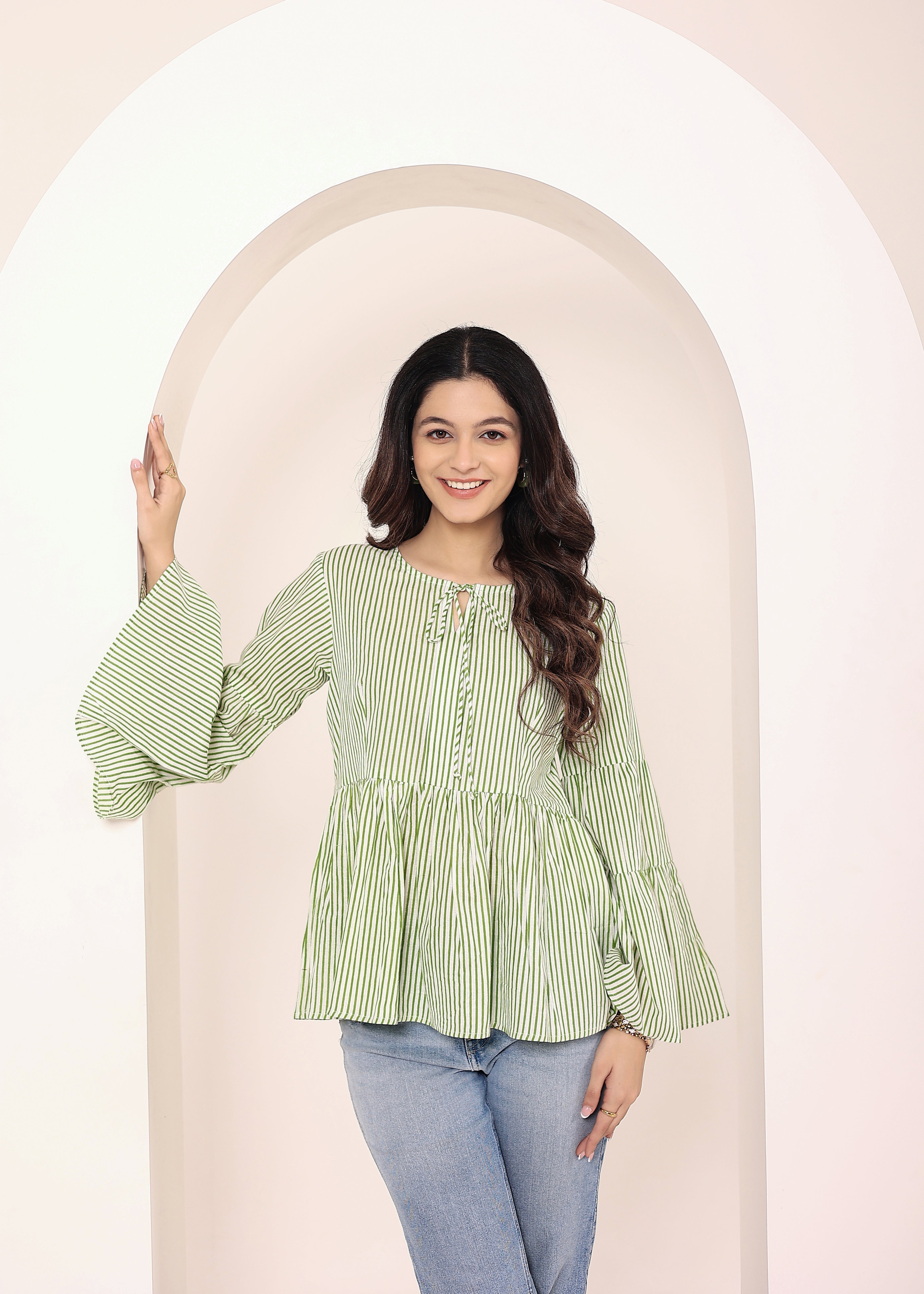 Green & Off-White Striped Bell Sleeve Peplum Cotton Top - Kaoribyshreya