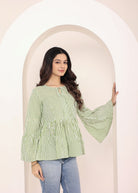 Green & Off-White Striped Bell Sleeve Peplum Cotton Top - Kaoribyshreya