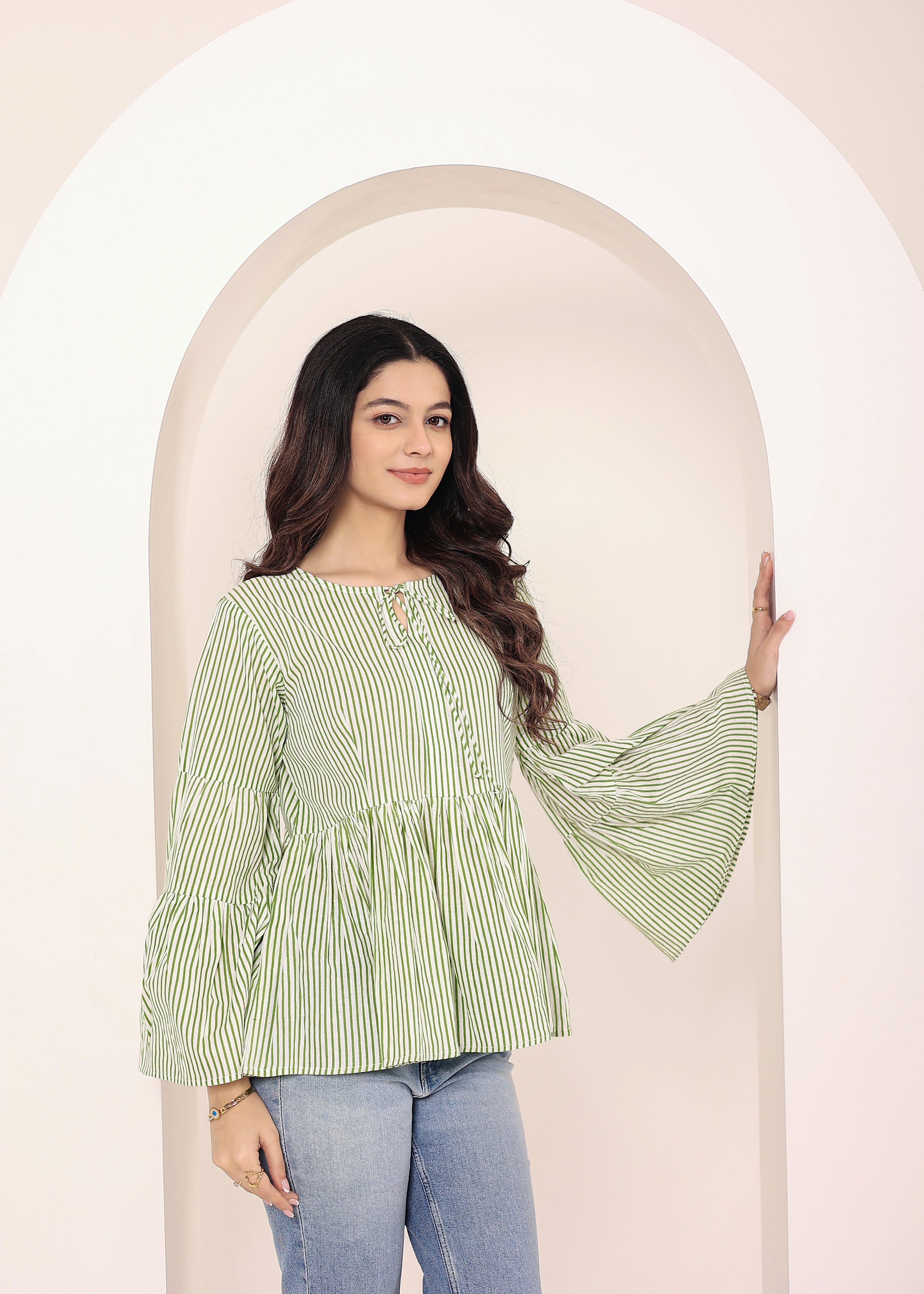 Green & Off-White Striped Bell Sleeve Peplum Cotton Top - Kaoribyshreya