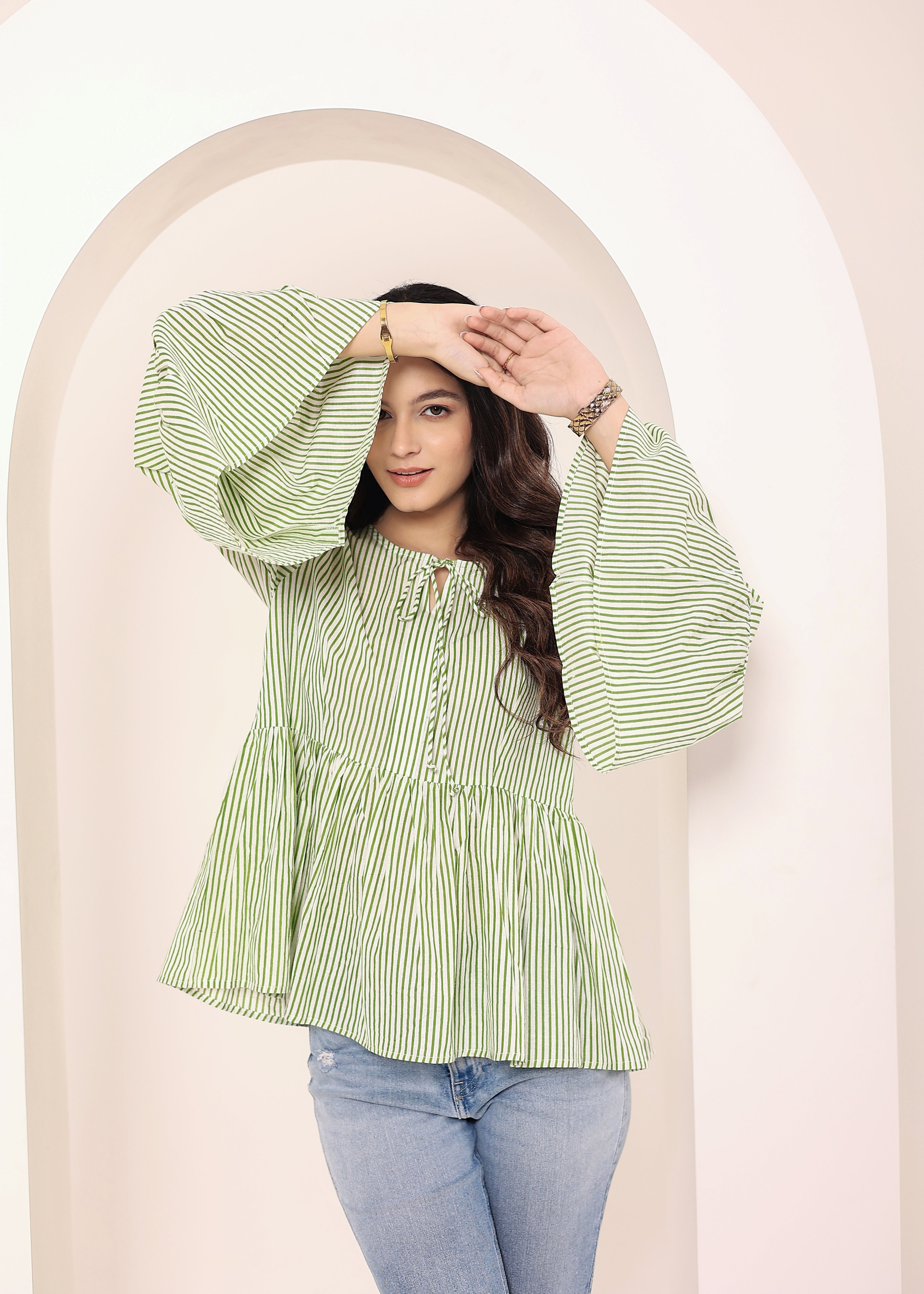 Green & Off-White Striped Bell Sleeve Peplum Cotton Top - Kaoribyshreya