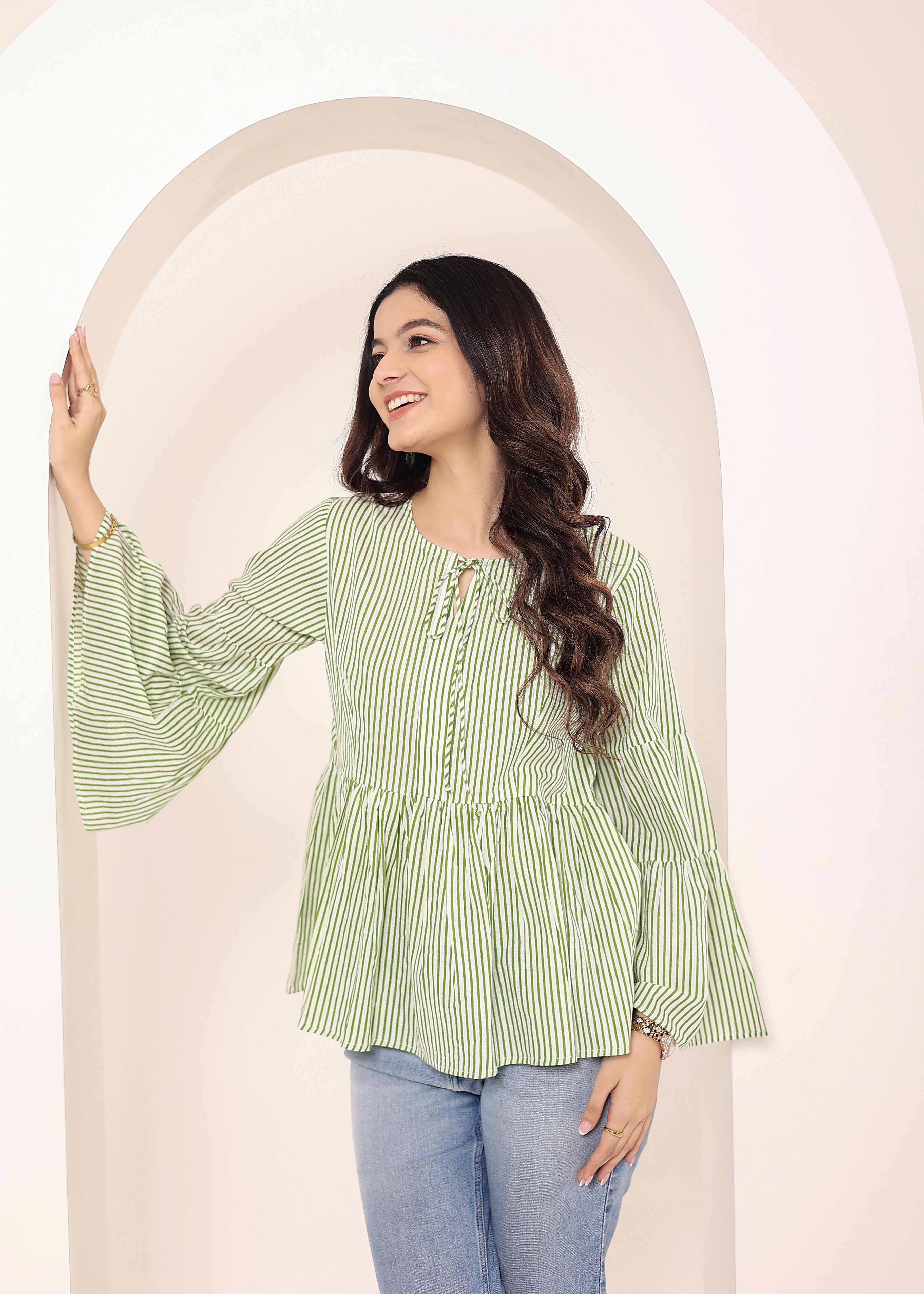 Green & Off-White Striped Bell Sleeve Peplum Cotton Top - Kaoribyshreya