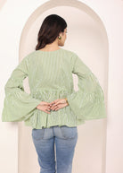 Green & Off-White Striped Bell Sleeve Peplum Cotton Top - Kaoribyshreya