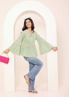 Green & Off-White Striped Bell Sleeve Peplum Cotton Top - Kaoribyshreya