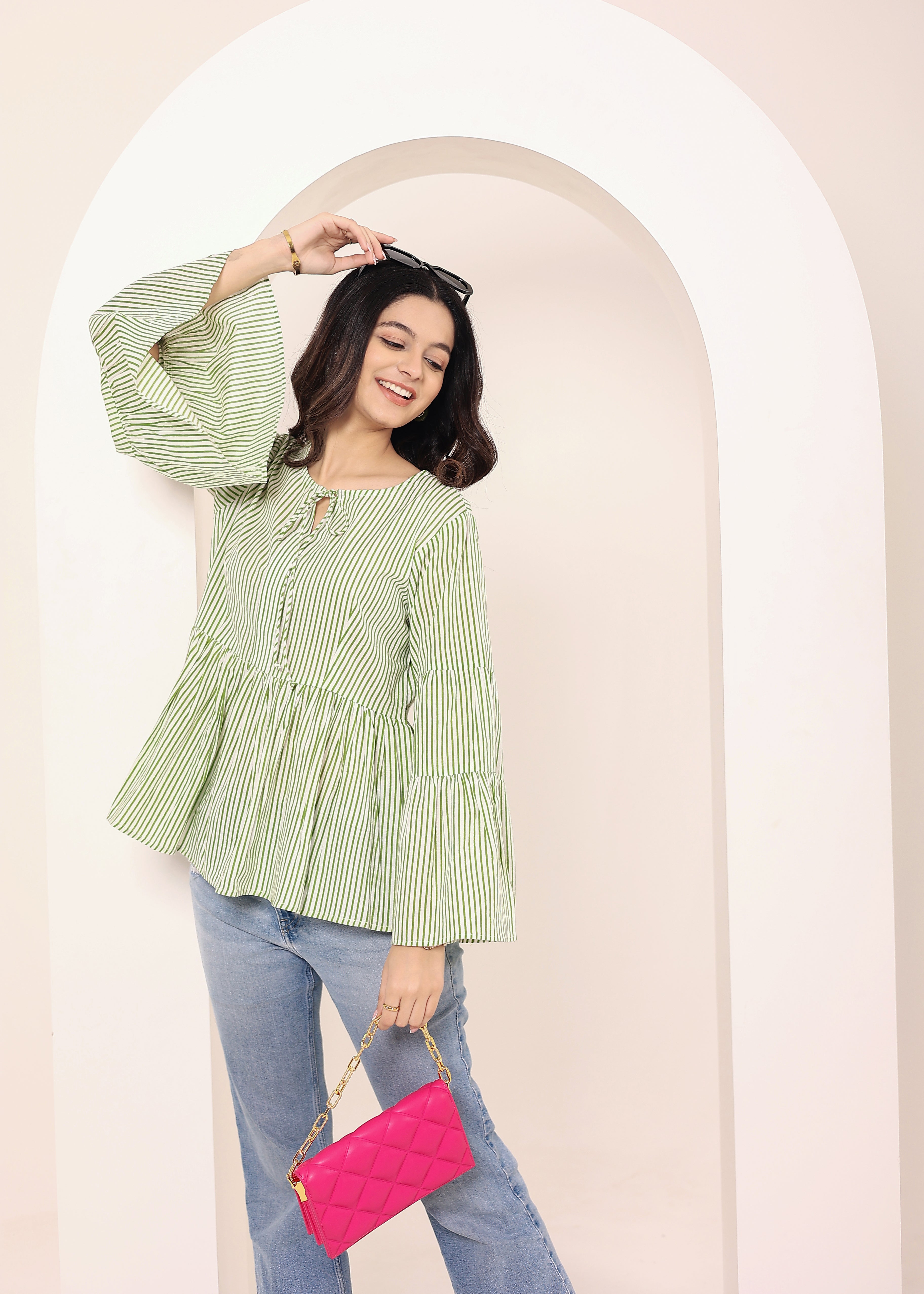 Green & Off-White Striped Bell Sleeve Peplum Cotton Top - Kaoribyshreya