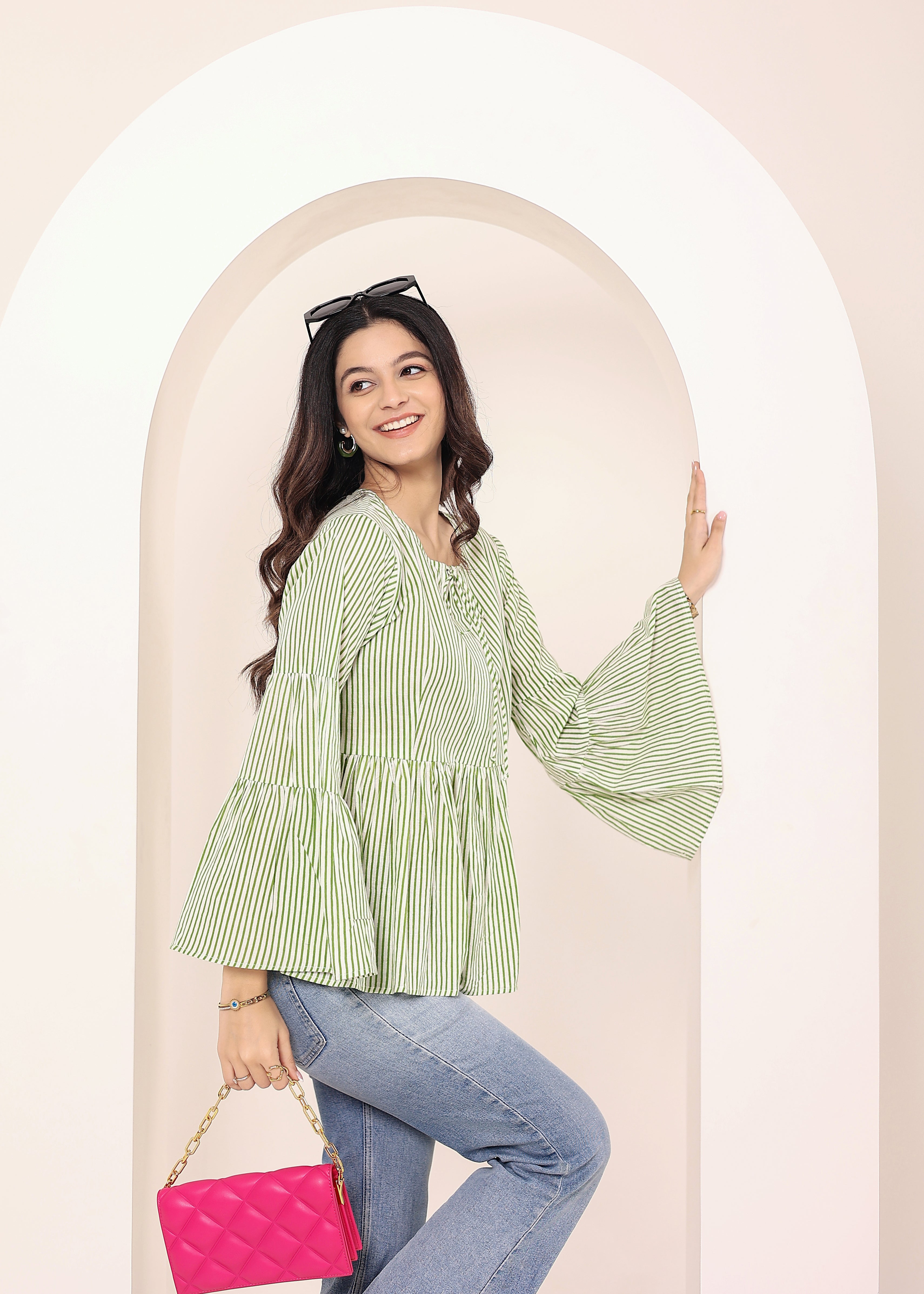 Green & Off-White Striped Bell Sleeve Peplum Cotton Top - Kaoribyshreya
