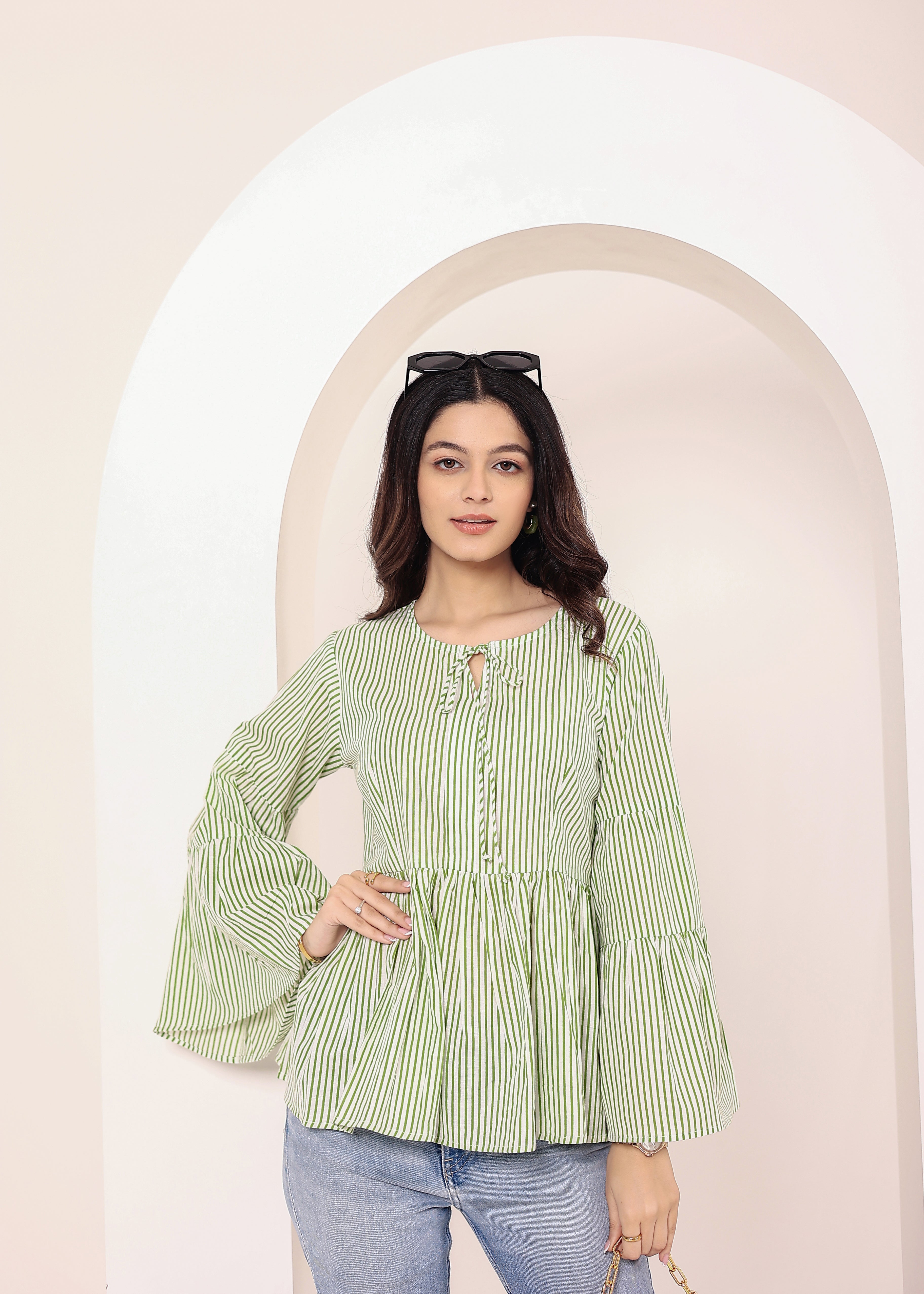 Green & Off-White Striped Bell Sleeve Peplum Cotton Top - Kaoribyshreya
