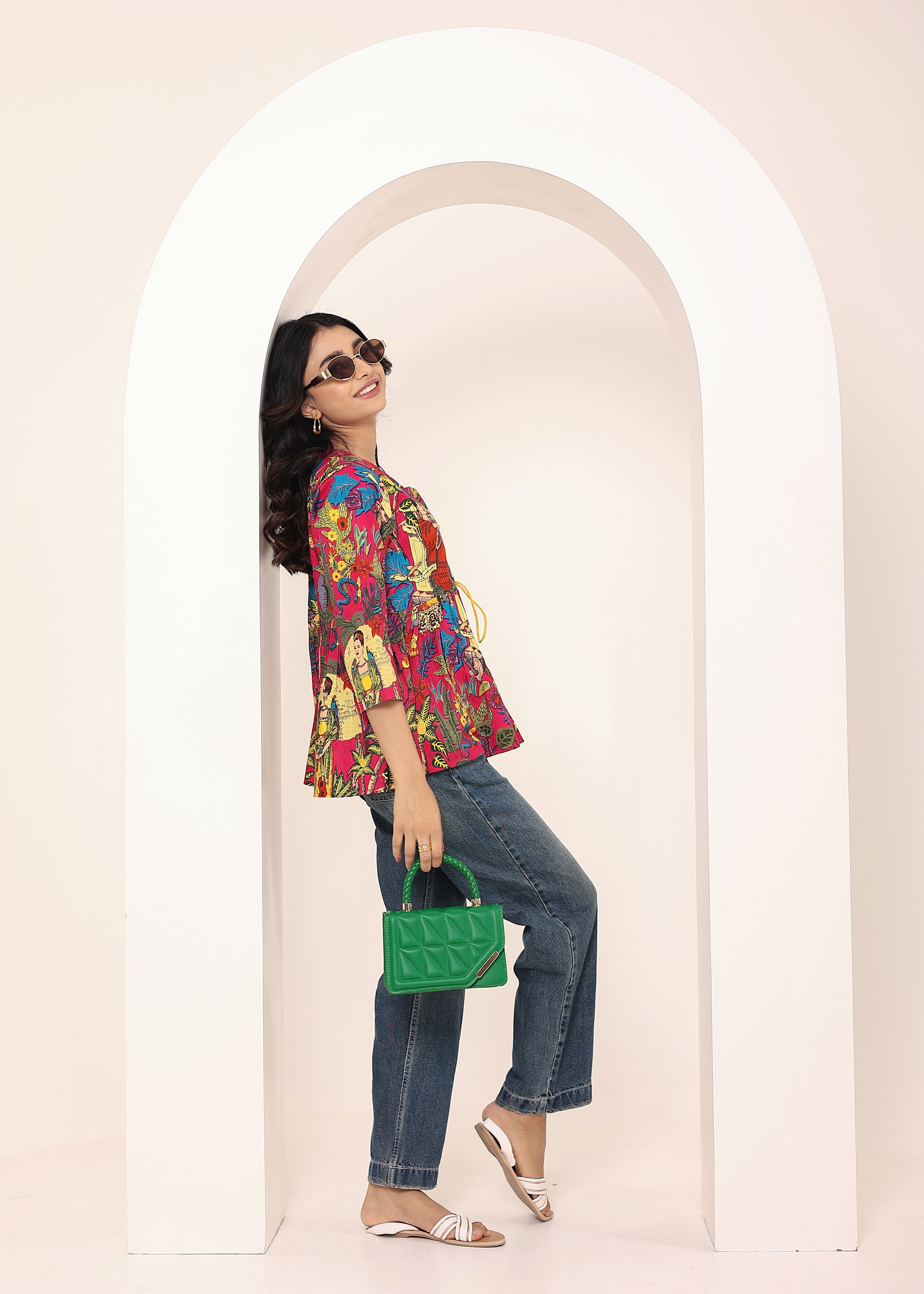 Pink Tropical Print Criss-Cross Tie-Up Cotton Kurta Top - Kaoribyshreya