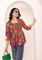 Pink Tropical Print Criss-Cross Tie-Up Cotton Kurta Top - Kaoribyshreya