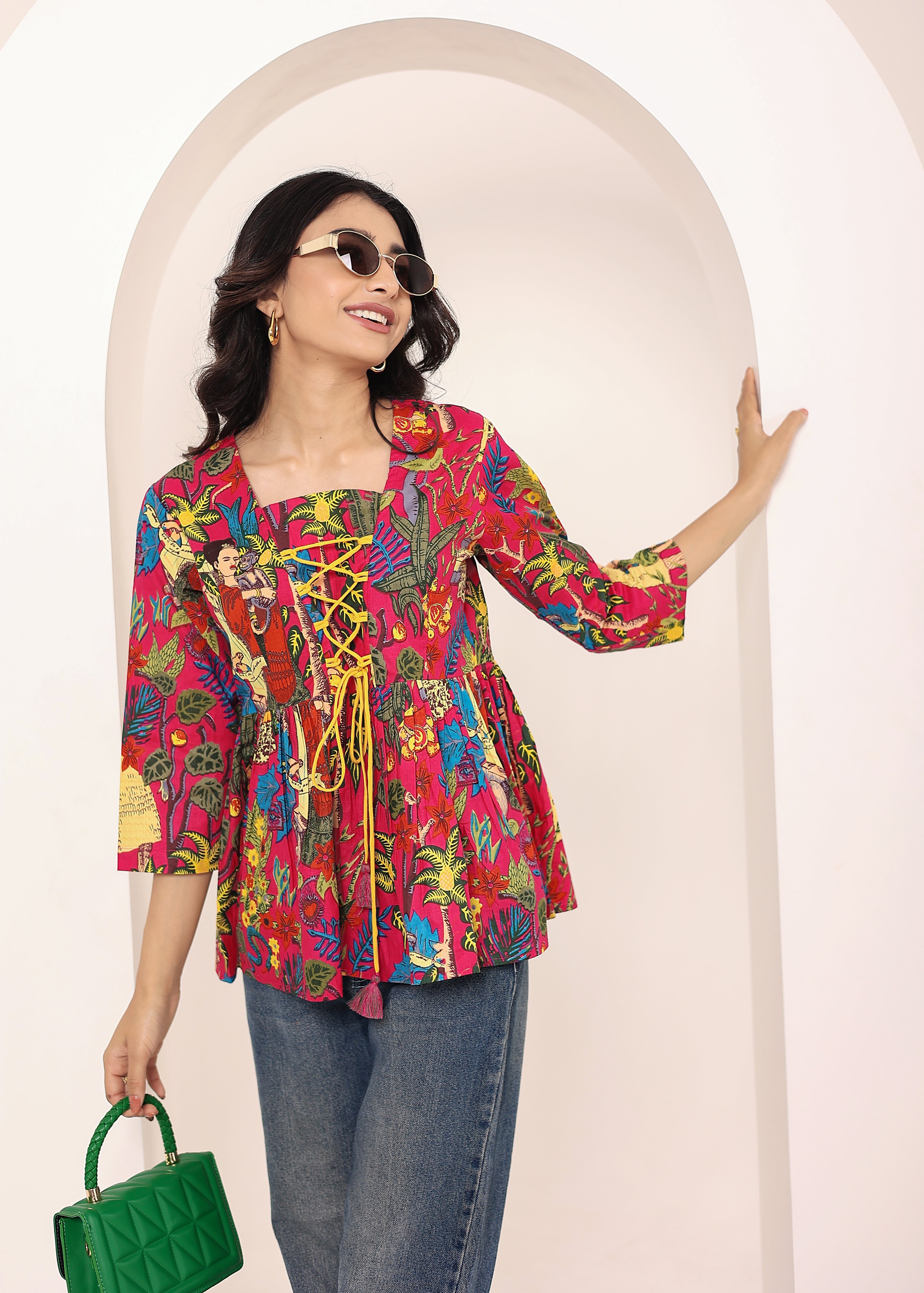 Pink Tropical Print Criss-Cross Tie-Up Cotton Kurta Top - Kaoribyshreya