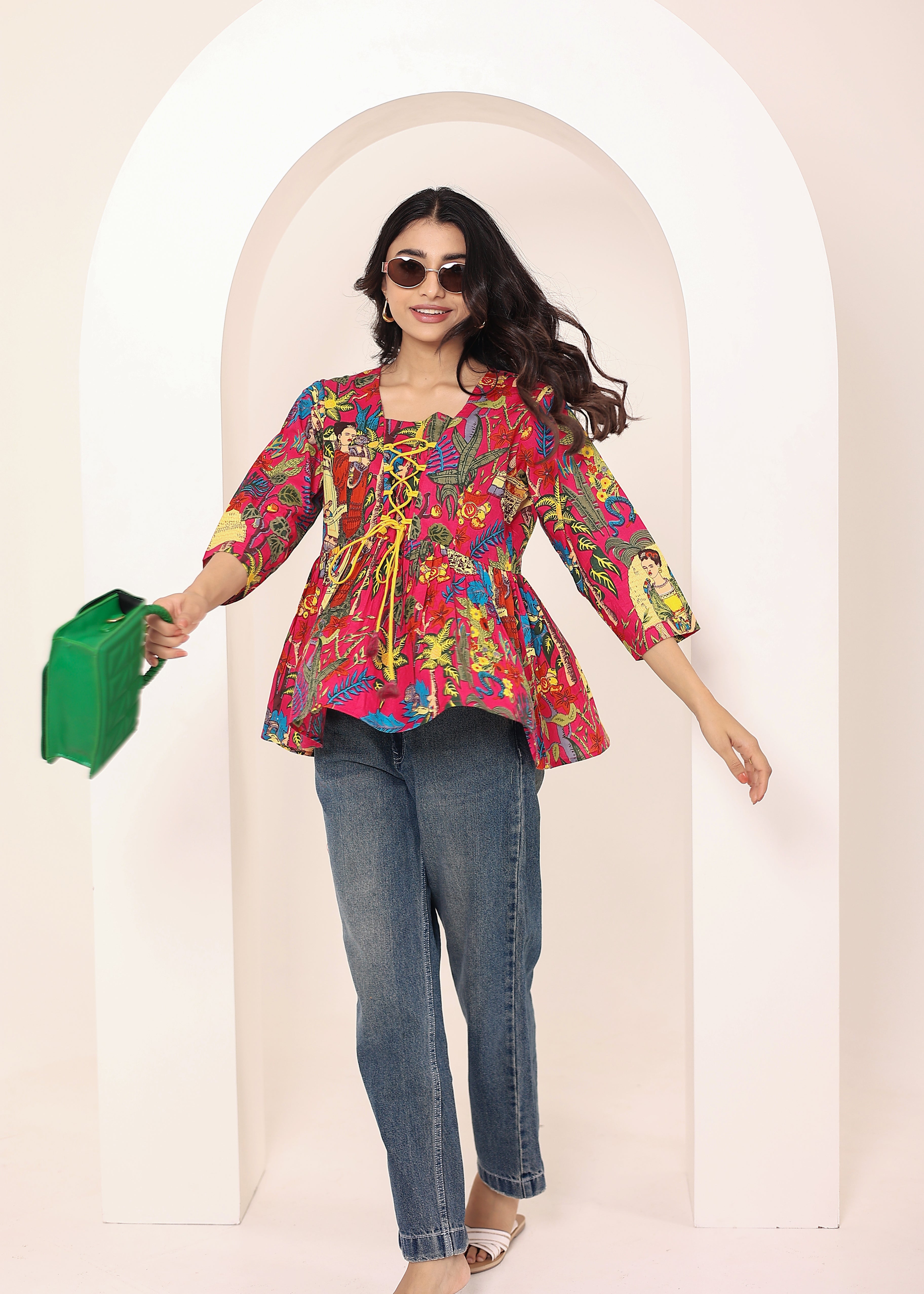 Pink Tropical Print Criss-Cross Tie-Up Cotton Kurta Top - Kaoribyshreya