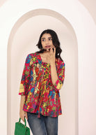 Pink Tropical Print Criss-Cross Tie-Up Cotton Kurta Top - Kaoribyshreya