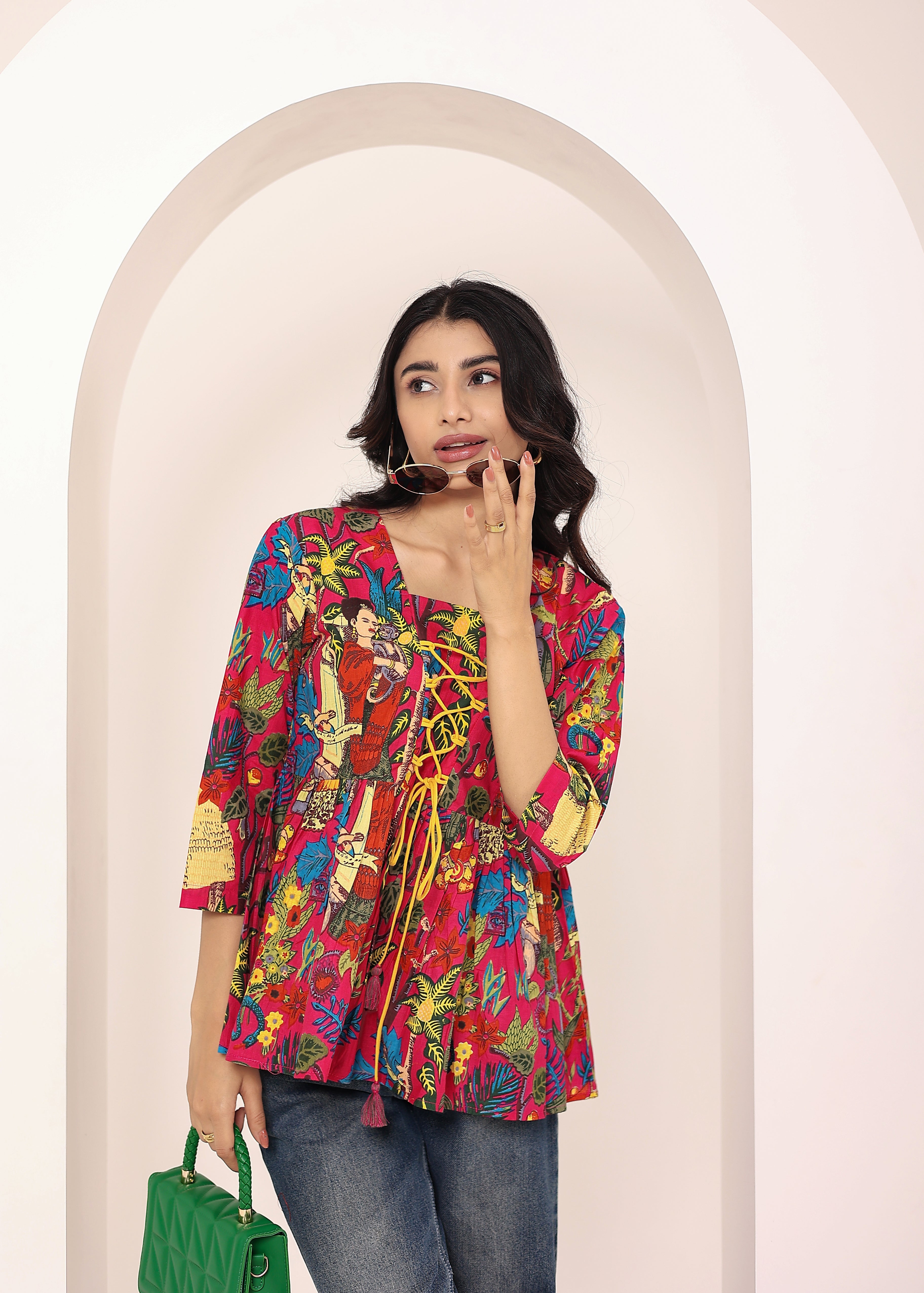 Pink Tropical Print Criss-Cross Tie-Up Cotton Kurta Top - Kaoribyshreya