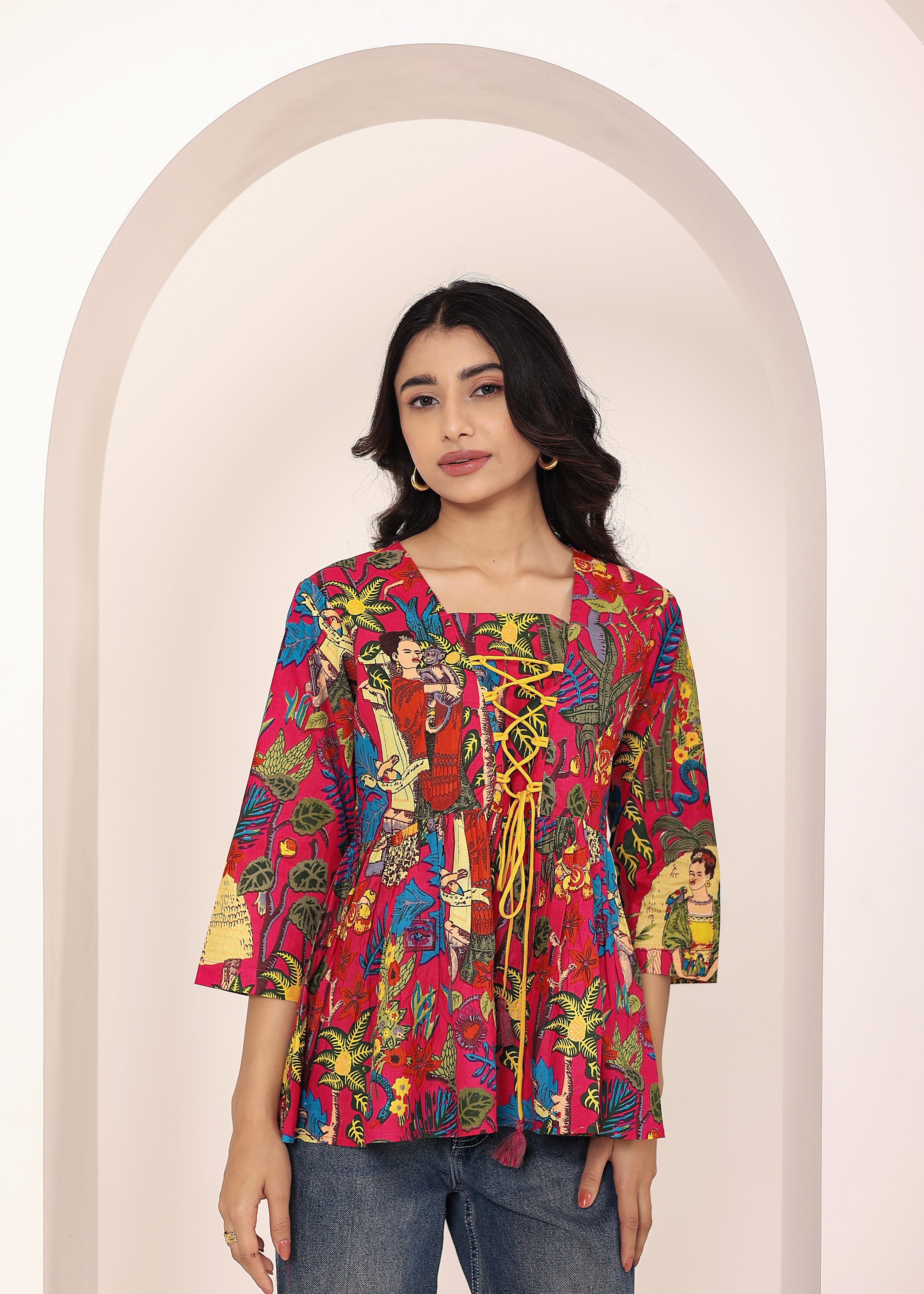 Pink Tropical Print Criss-Cross Tie-Up Cotton Kurta Top - Kaoribyshreya
