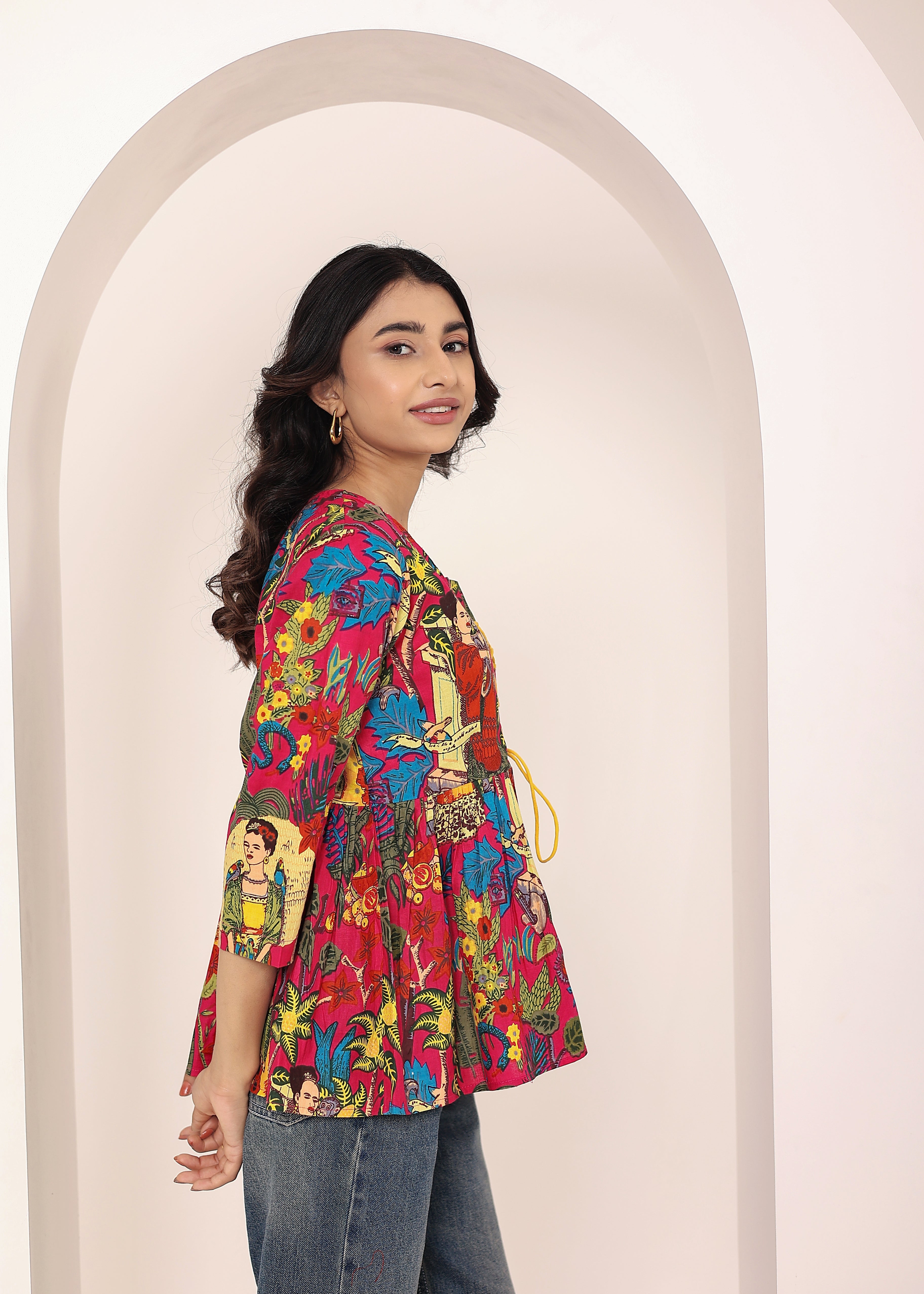 Pink Tropical Print Criss-Cross Tie-Up Cotton Kurta Top - Kaoribyshreya