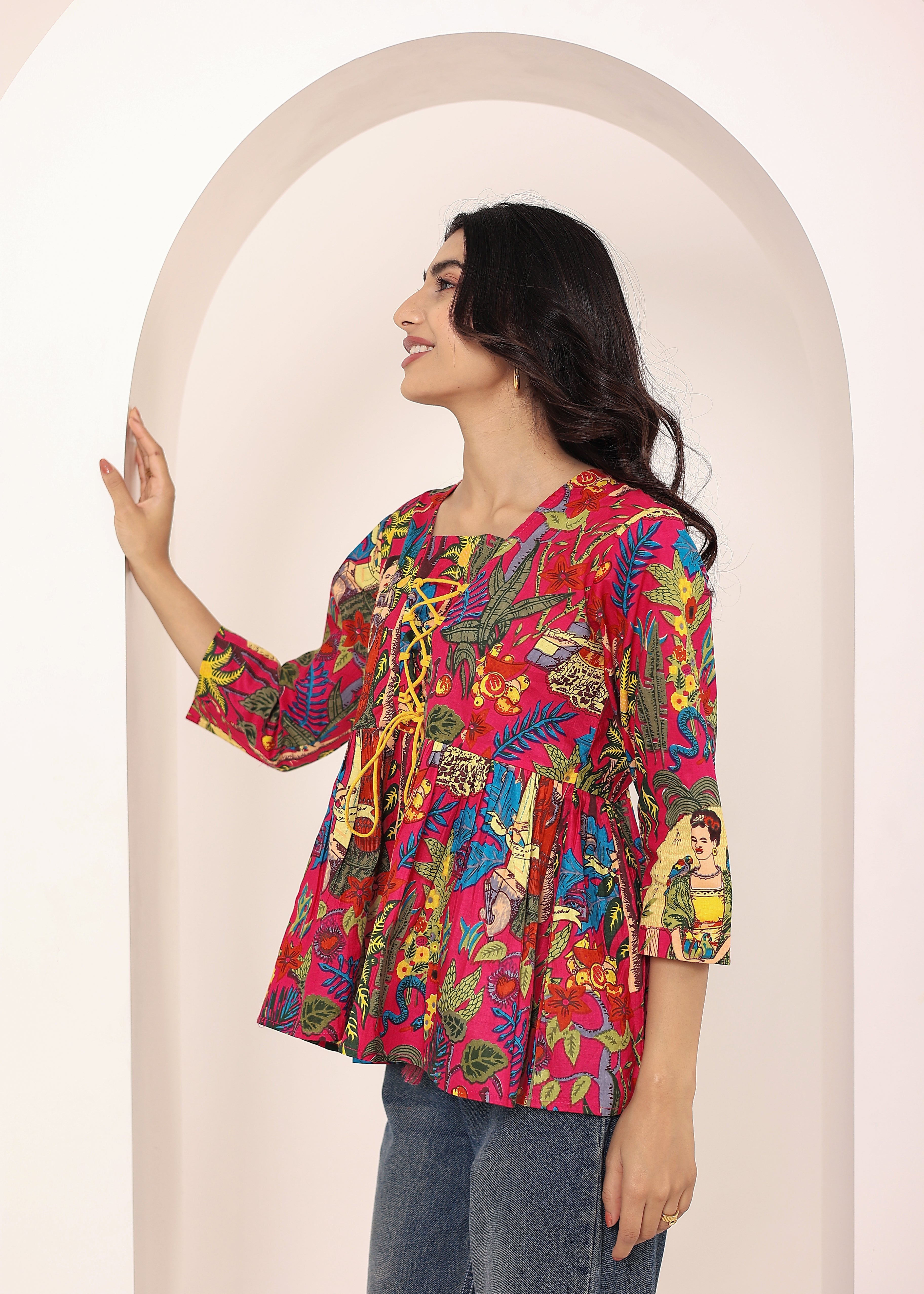 Pink Tropical Print Criss-Cross Tie-Up Cotton Kurta Top - Kaoribyshreya
