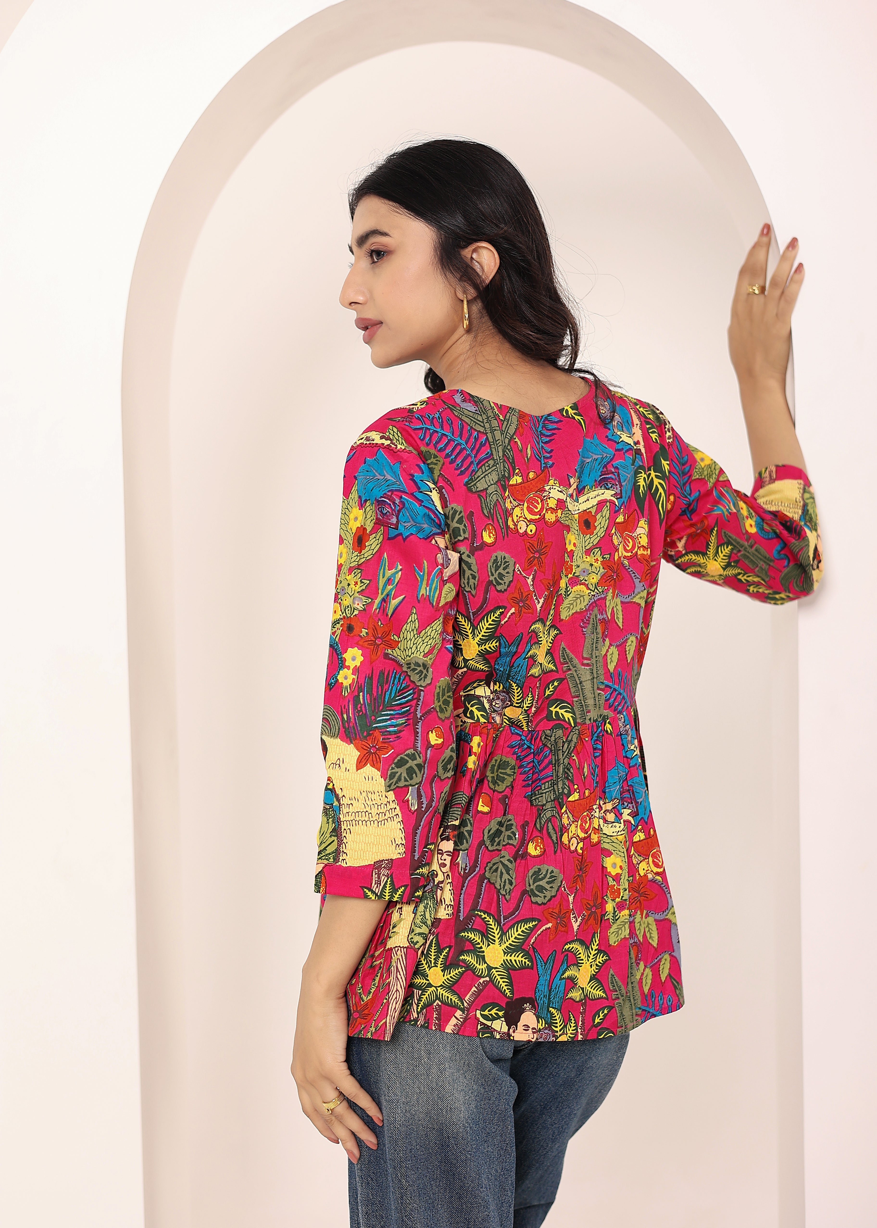 Pink Tropical Print Criss-Cross Tie-Up Cotton Kurta Top - Kaoribyshreya