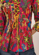 Pink Tropical Print Criss-Cross Tie-Up Cotton Kurta Top - Kaoribyshreya