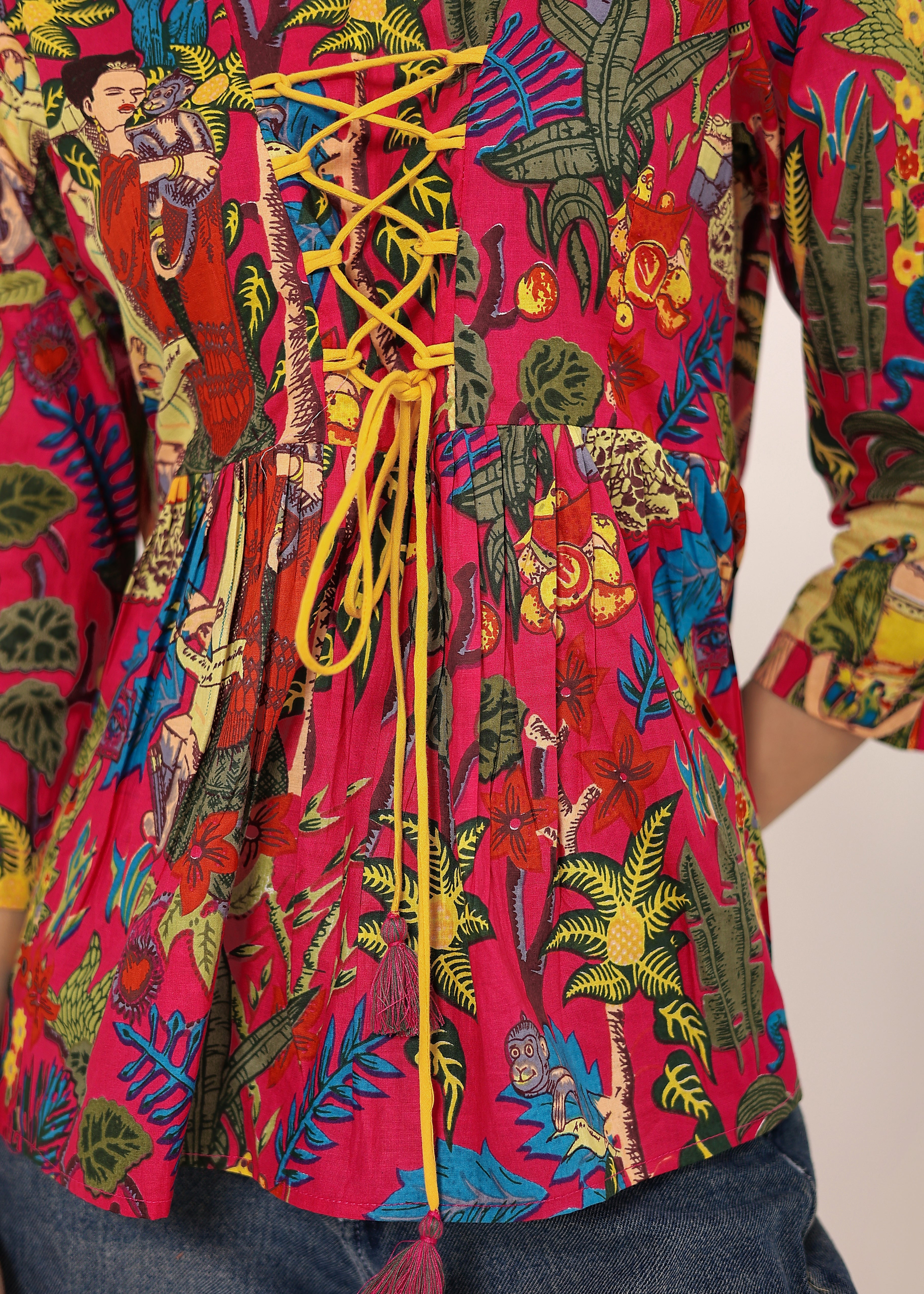 Pink Tropical Print Criss-Cross Tie-Up Cotton Kurta Top - Kaoribyshreya
