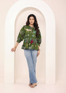 Green Tropical Print Balloon Sleeve Peplum Cotton Top - Kaoribyshreya