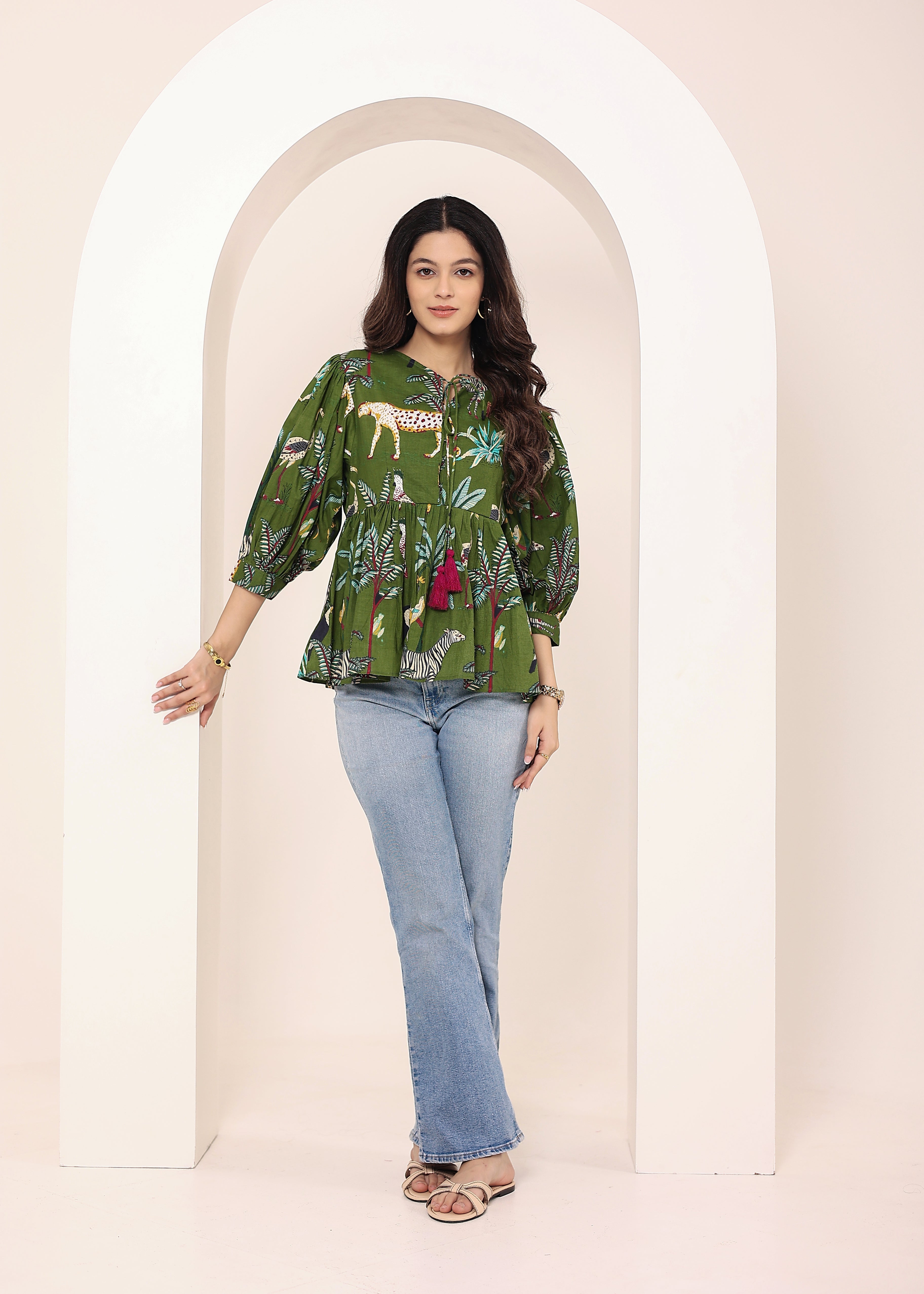 Green Tropical Print Balloon Sleeve Peplum Cotton Top - Kaoribyshreya