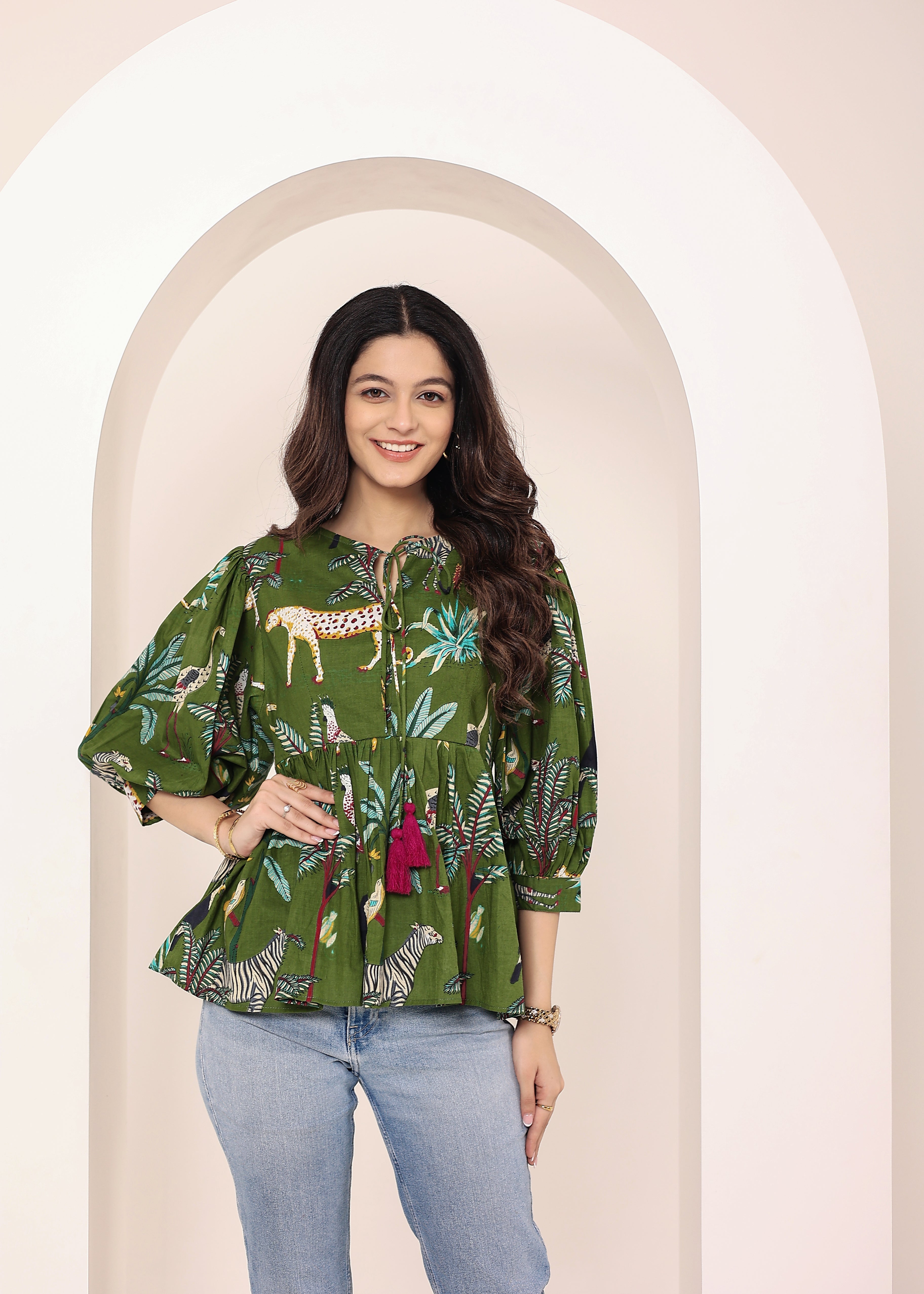 Green Tropical Print Balloon Sleeve Peplum Cotton Top - Kaoribyshreya