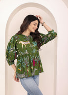 Green Tropical Print Balloon Sleeve Peplum Cotton Top - Kaoribyshreya