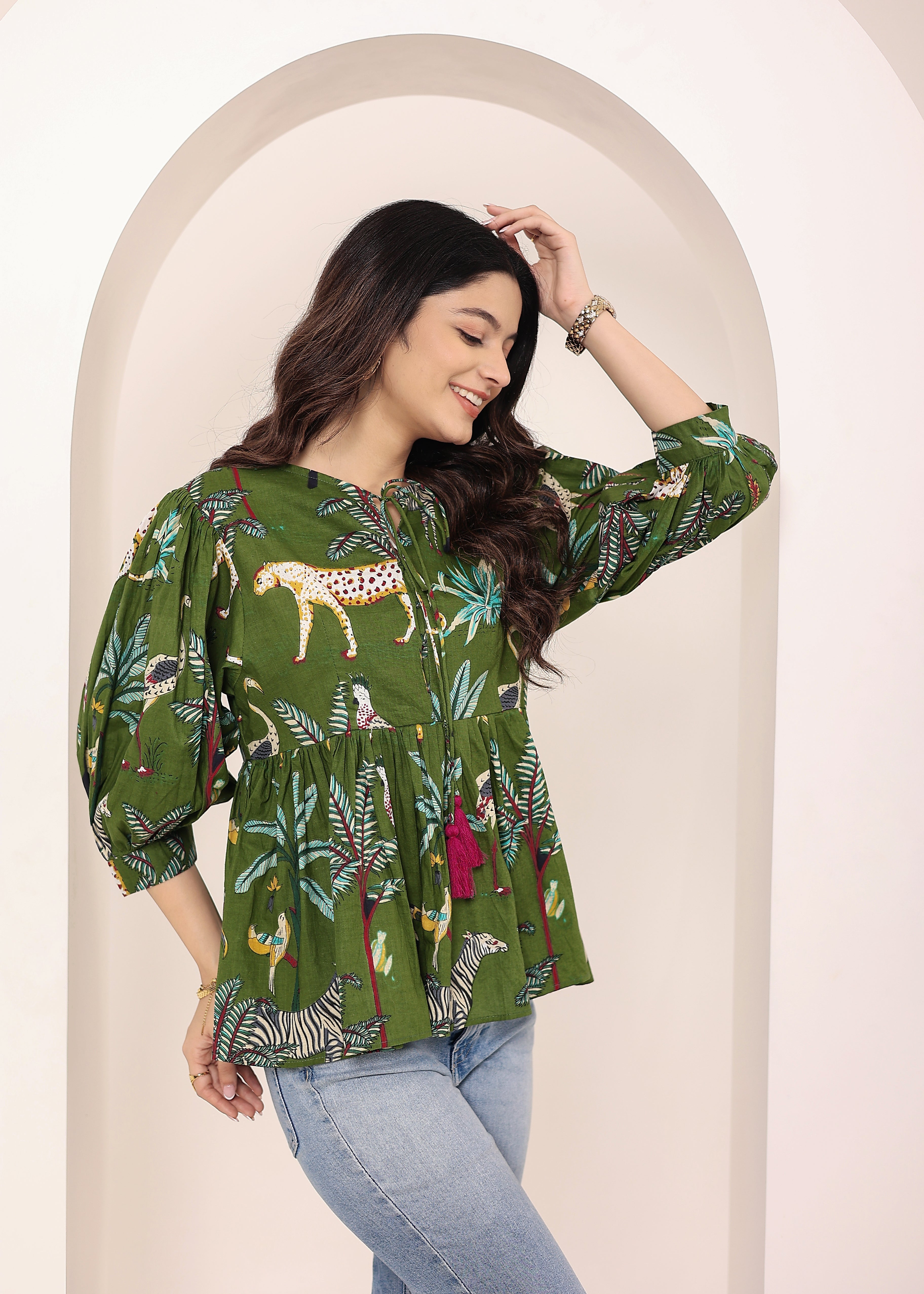 Green Tropical Print Balloon Sleeve Peplum Cotton Top - Kaoribyshreya