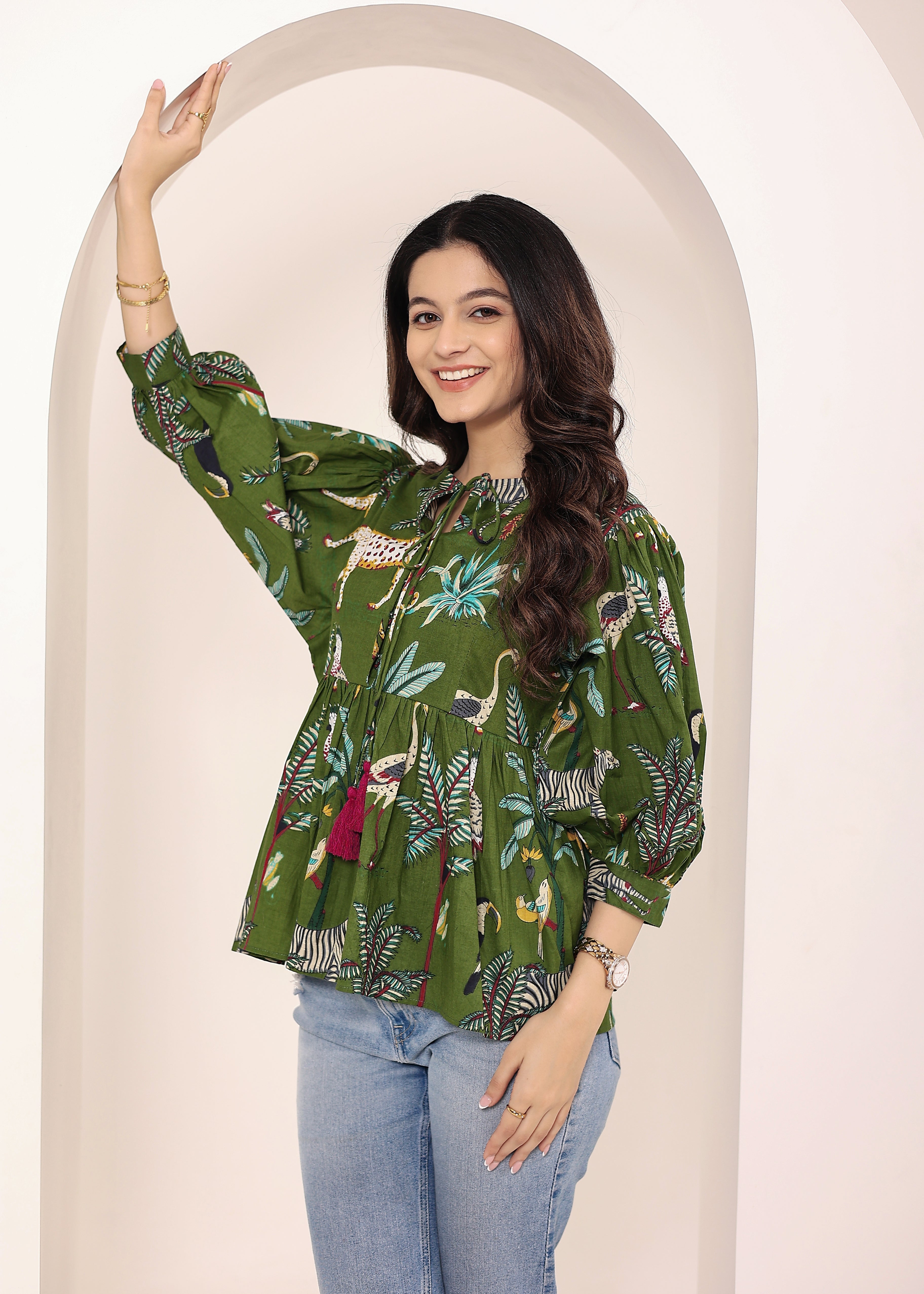 Green Tropical Print Balloon Sleeve Peplum Cotton Top - Kaoribyshreya