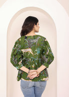 Green Tropical Print Balloon Sleeve Peplum Cotton Top - Kaoribyshreya