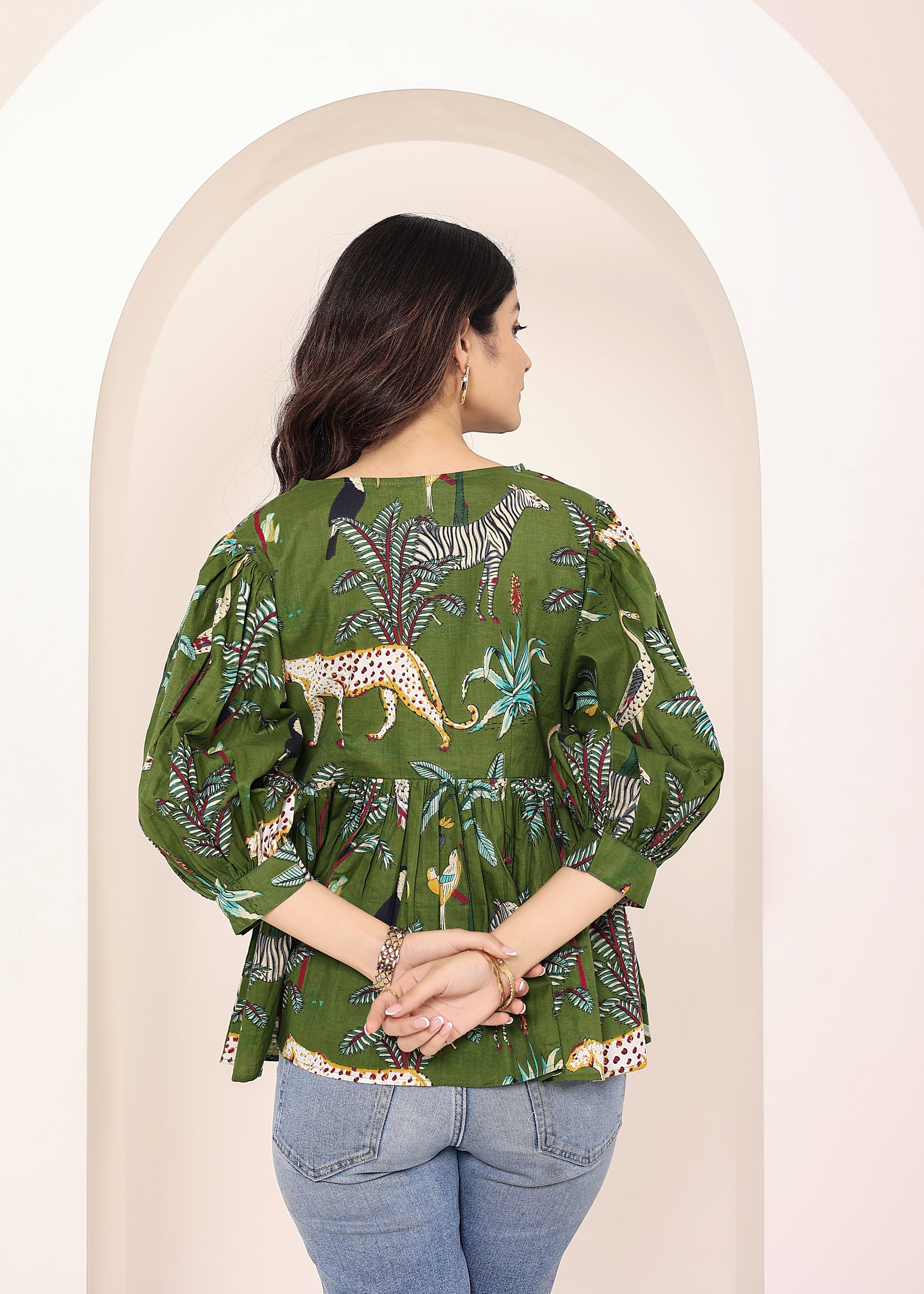 Green Tropical Print Balloon Sleeve Peplum Cotton Top - Kaoribyshreya