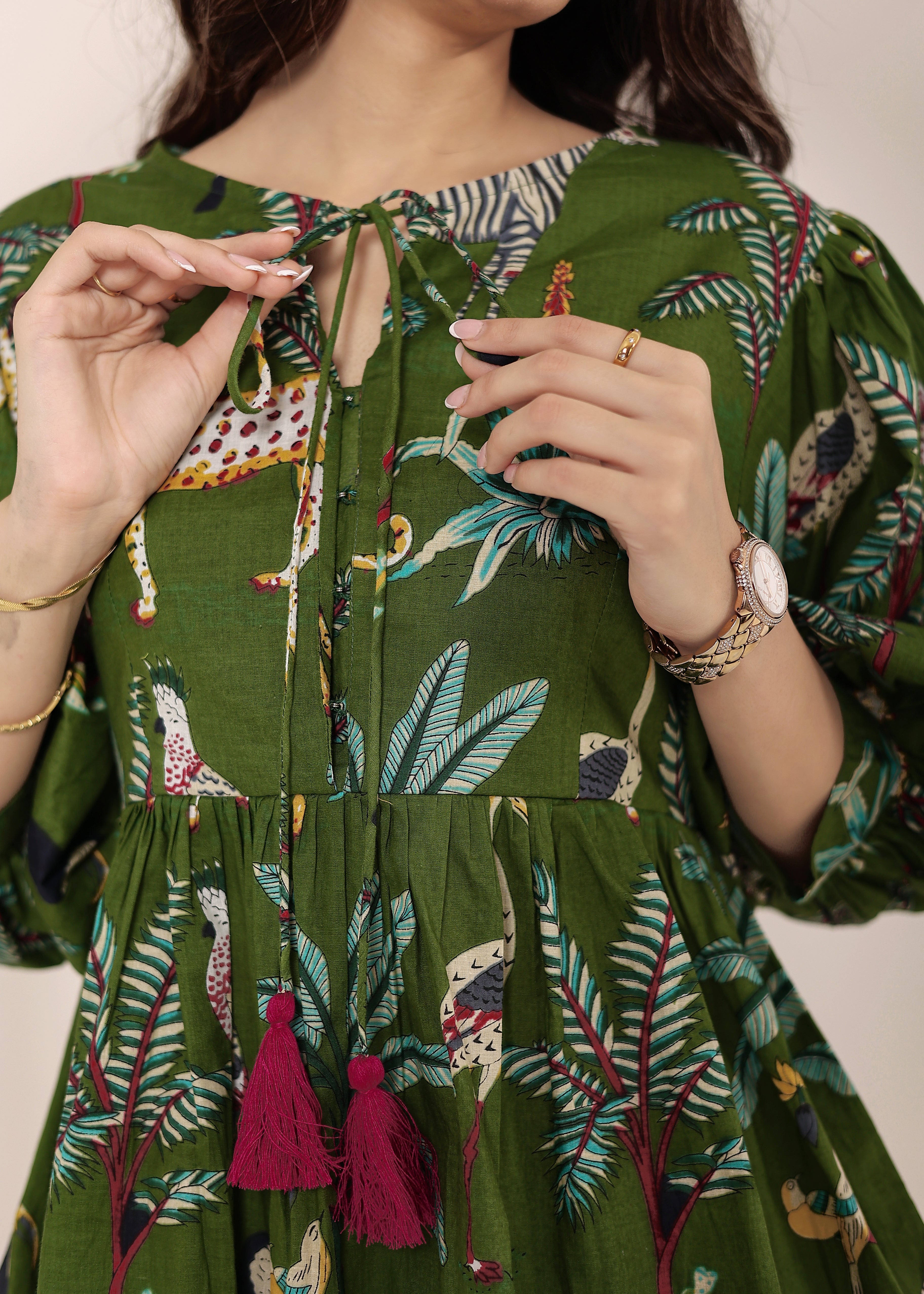 Green Tropical Print Balloon Sleeve Peplum Cotton Top - Kaoribyshreya