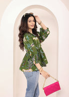 Green Tropical Print Balloon Sleeve Peplum Cotton Top - Kaoribyshreya