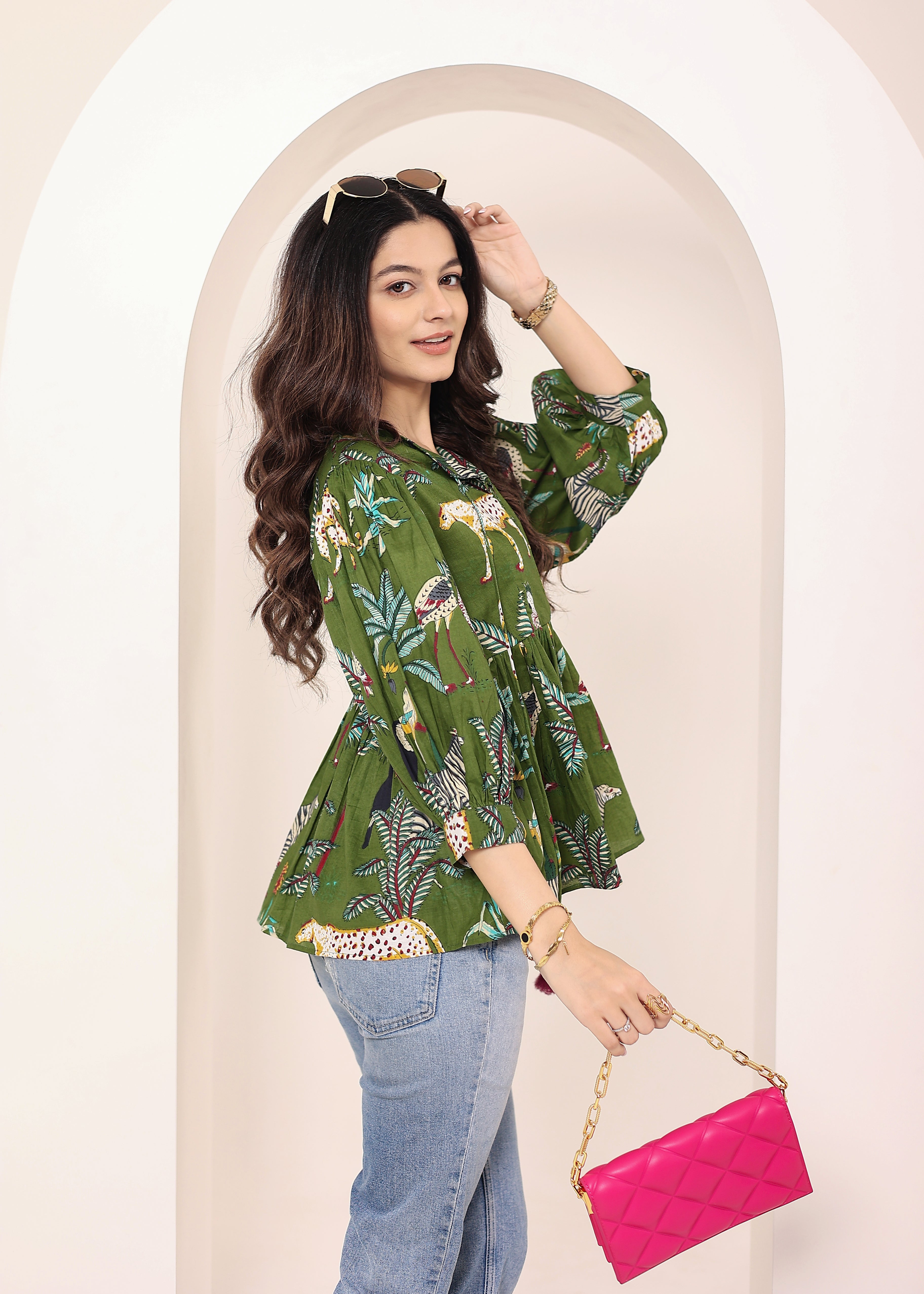 Green Tropical Print Balloon Sleeve Peplum Cotton Top - Kaoribyshreya