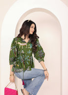 Green Tropical Print Balloon Sleeve Peplum Cotton Top - Kaoribyshreya
