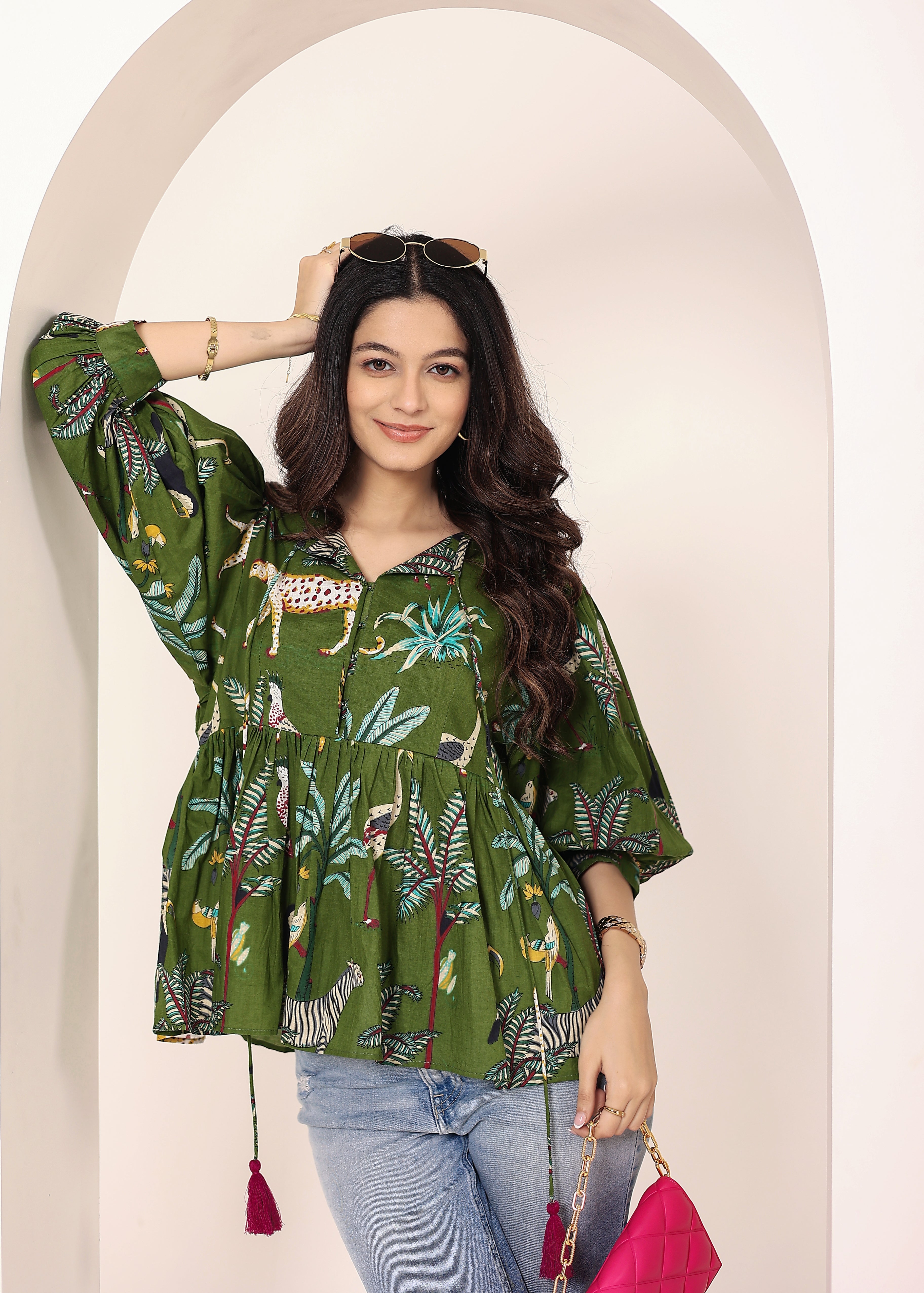 Green Tropical Print Balloon Sleeve Peplum Cotton Top - Kaoribyshreya