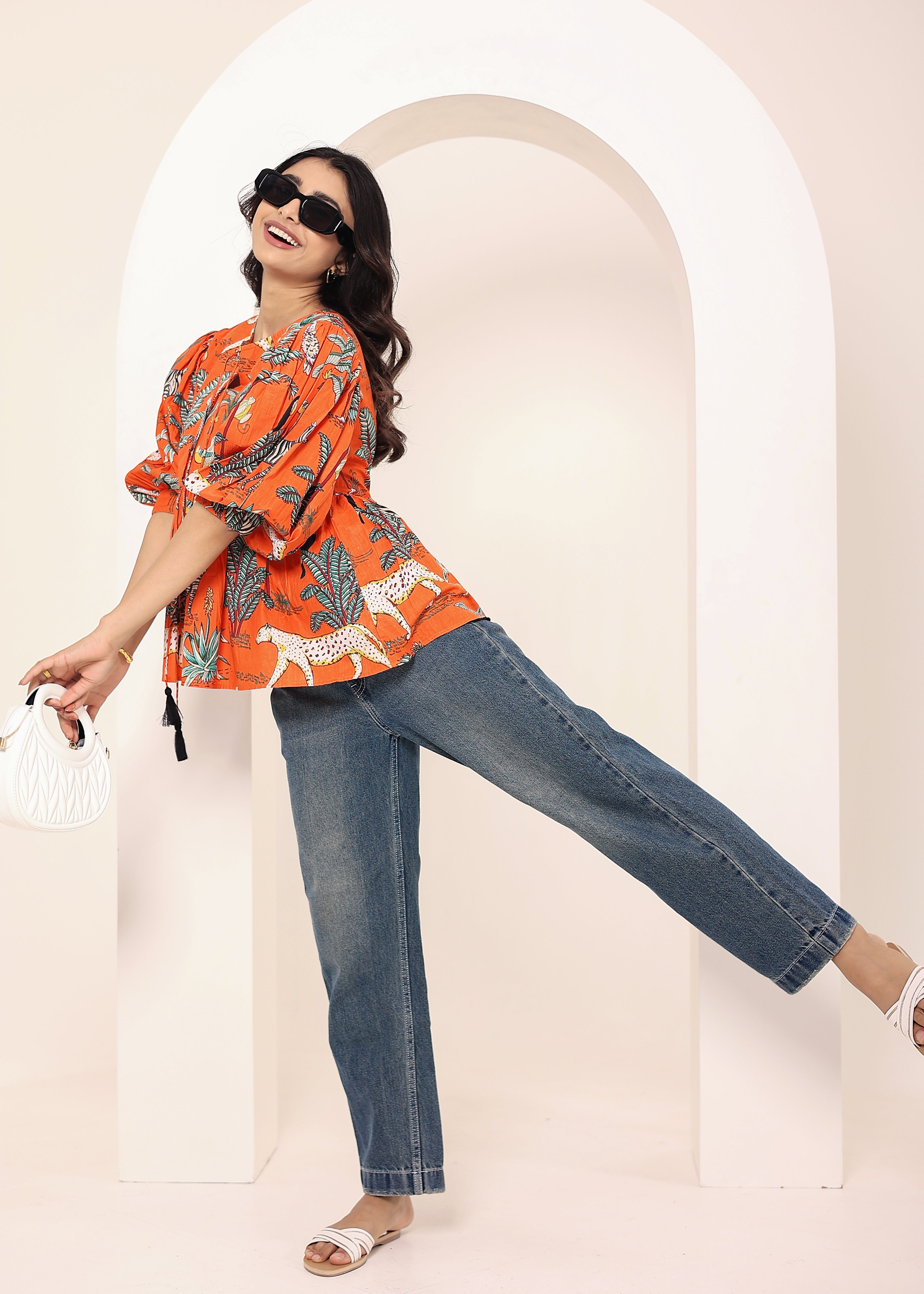 Orange Tropical Print Balloon Sleeve Peplum Cotton Top - Kaoribyshreya