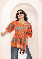 Orange Tropical Print Balloon Sleeve Peplum Cotton Top - Kaoribyshreya