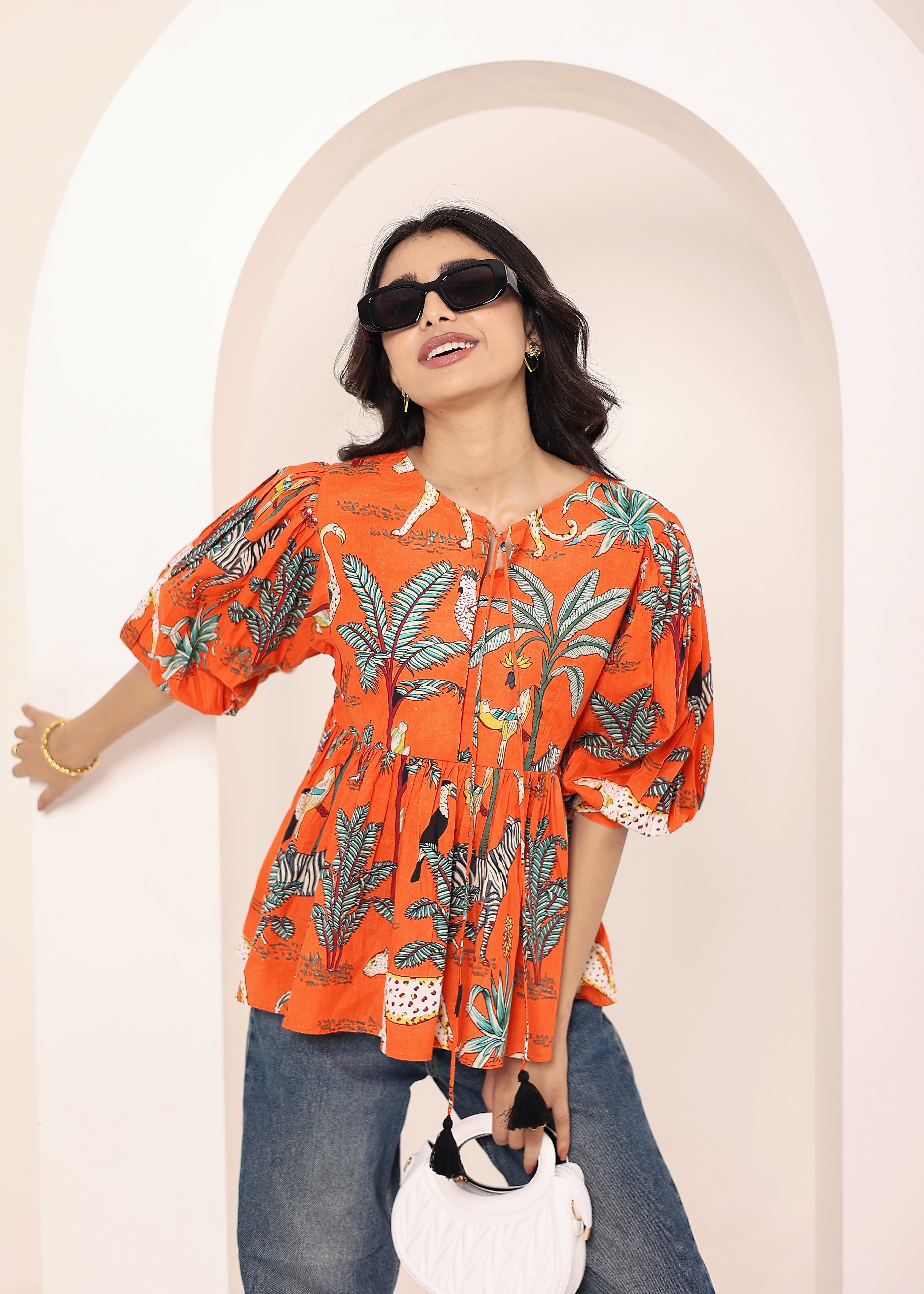 Orange Tropical Print Balloon Sleeve Peplum Cotton Top - Kaoribyshreya
