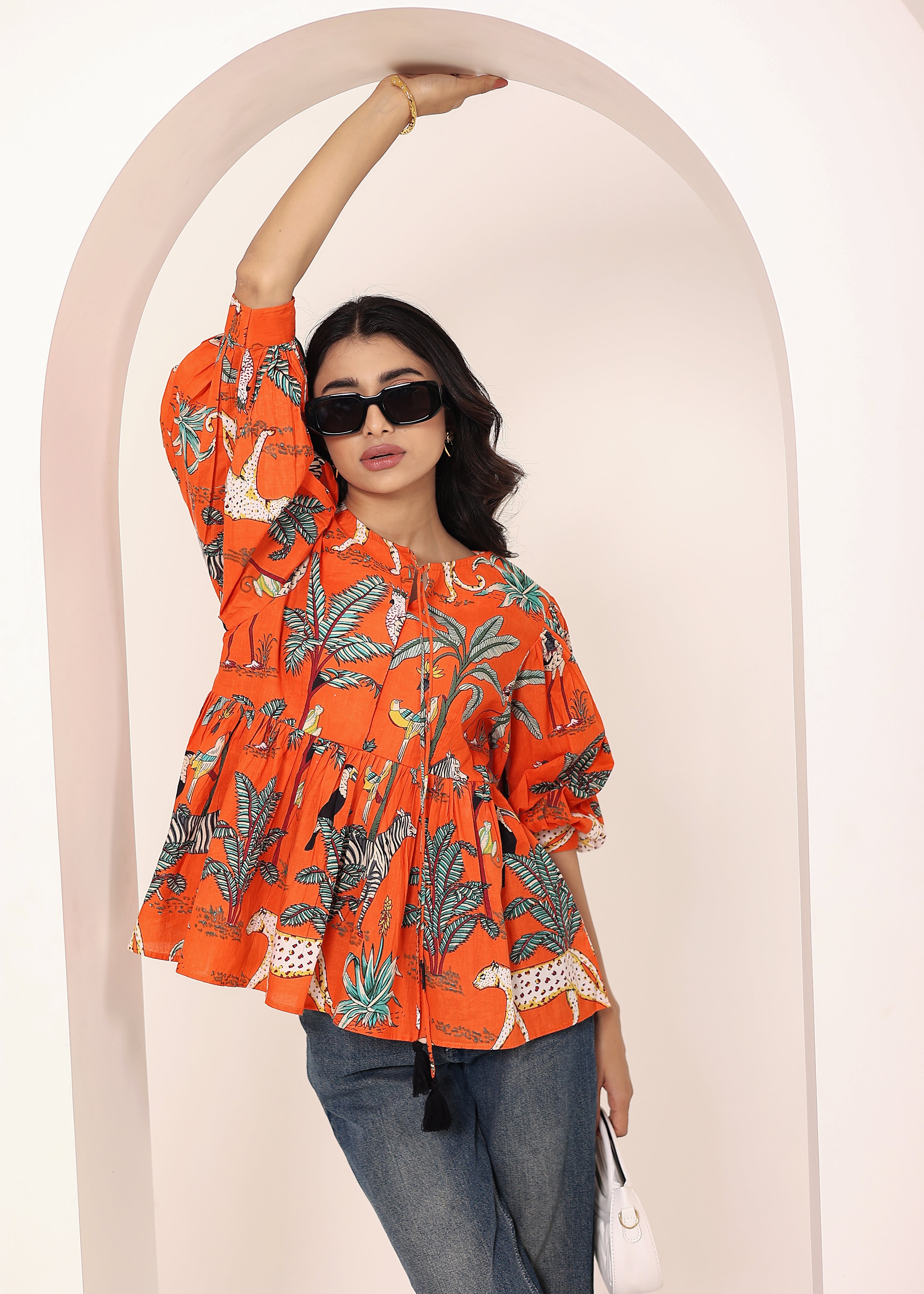 Orange Tropical Print Balloon Sleeve Peplum Cotton Top - Kaoribyshreya