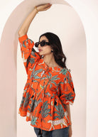 Orange Tropical Print Balloon Sleeve Peplum Cotton Top - Kaoribyshreya