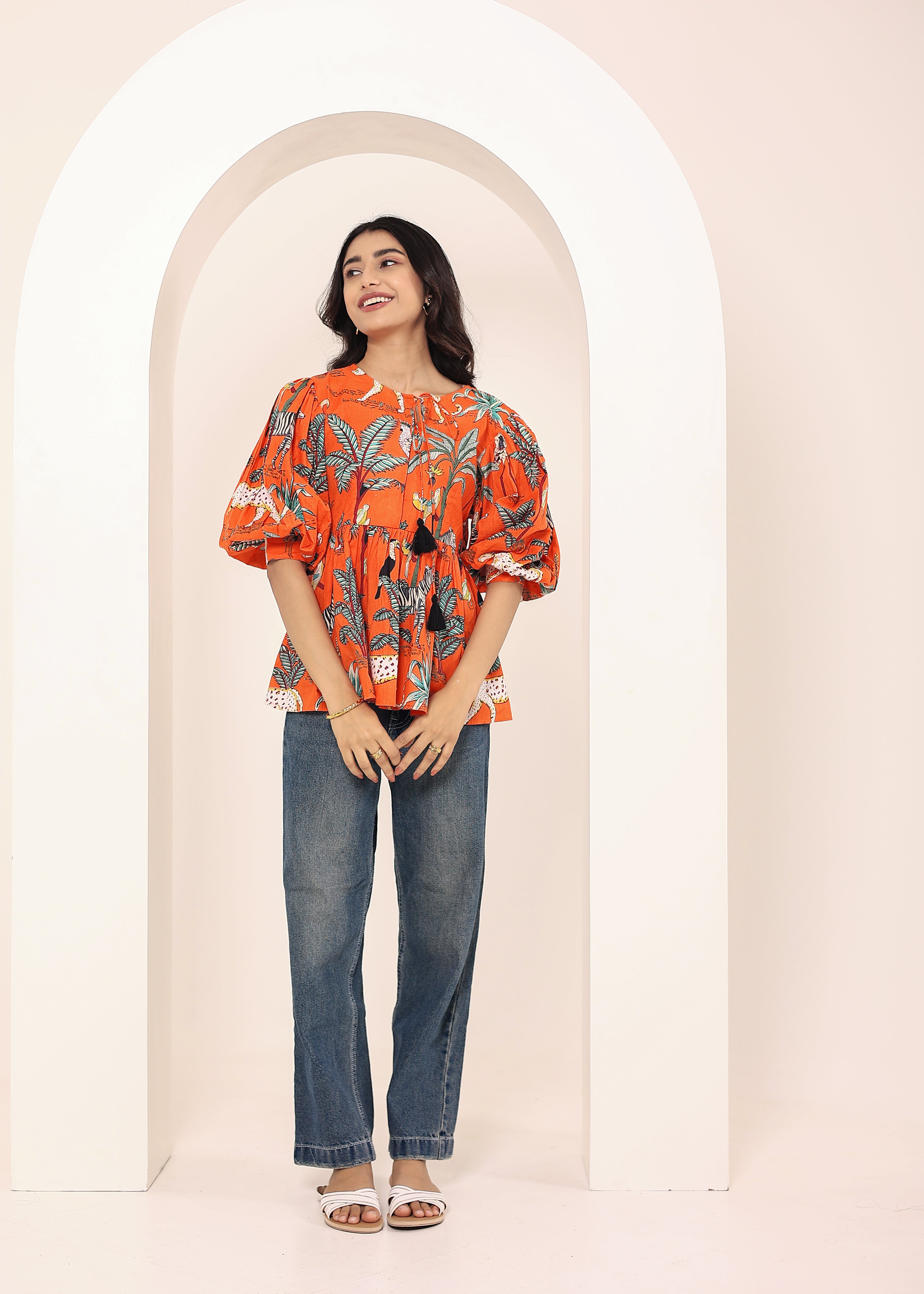 Orange Tropical Print Balloon Sleeve Peplum Cotton Top - Kaoribyshreya