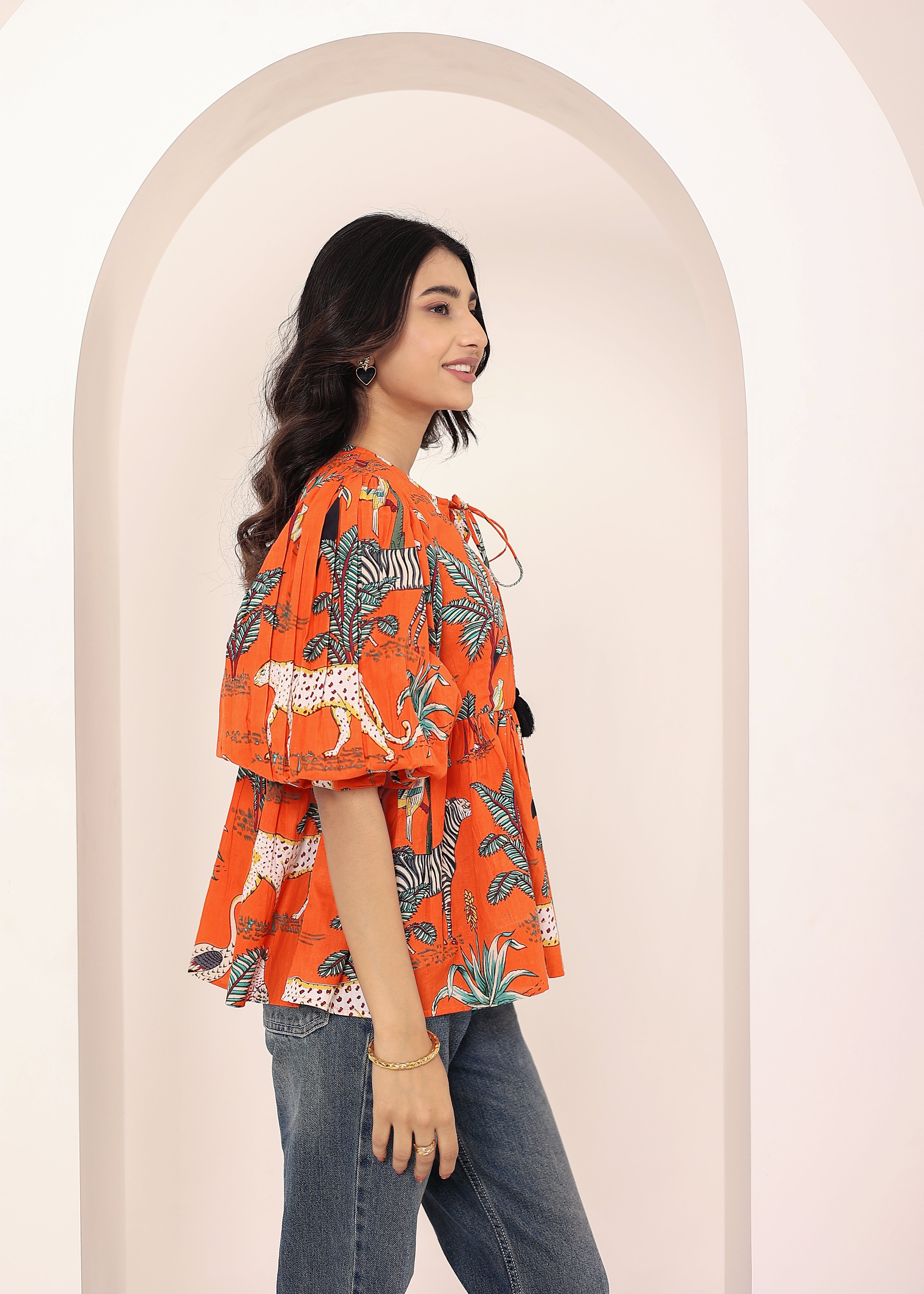 Orange Tropical Print Balloon Sleeve Peplum Cotton Top - Kaoribyshreya